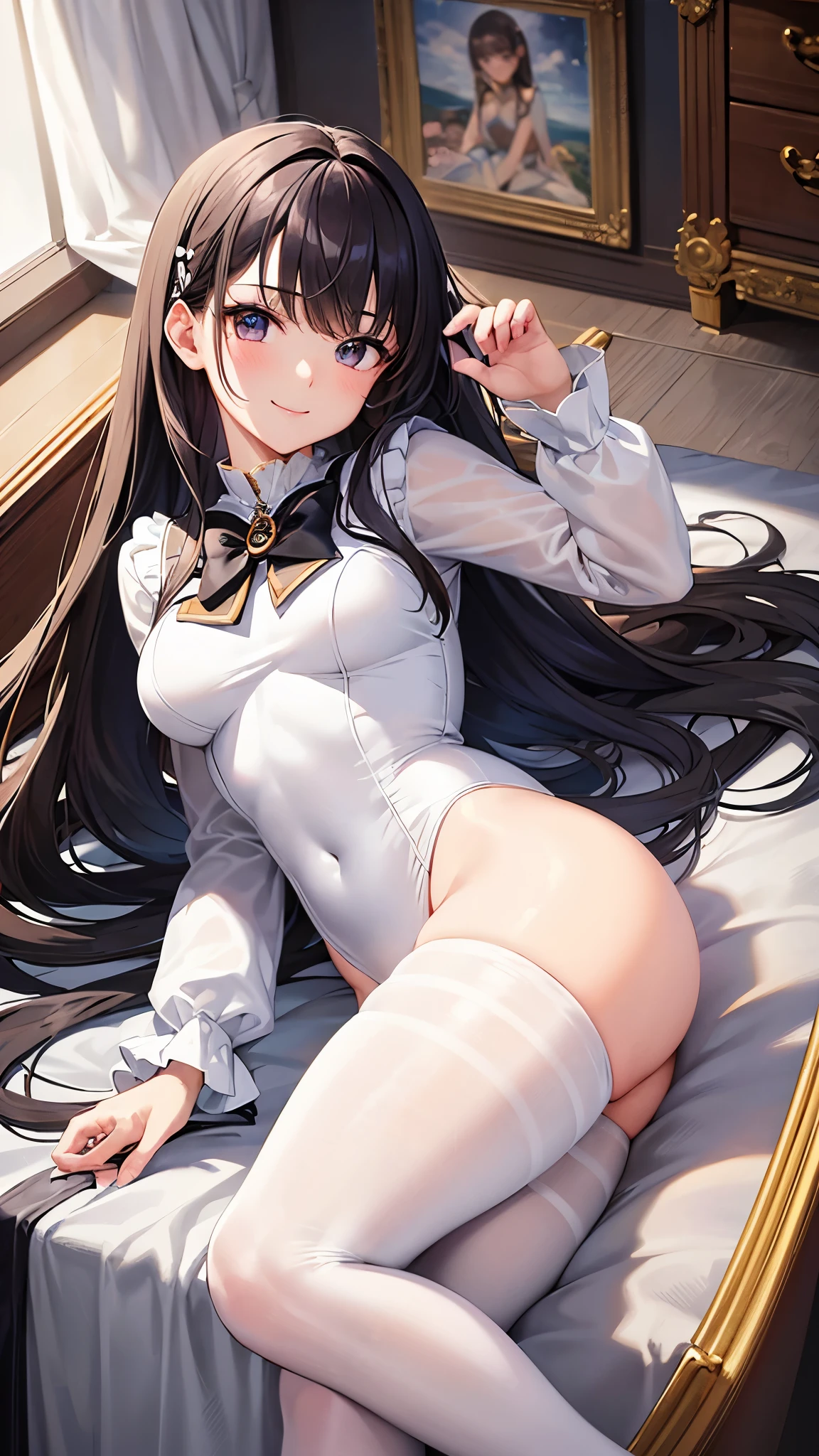 (masterpiece), (highest quality), Super detailed, perfect face, perfect body, 1 girl, beautiful girl,smile、clear、 sailor suit black、leotard、stand,sexy, white pantyhose、