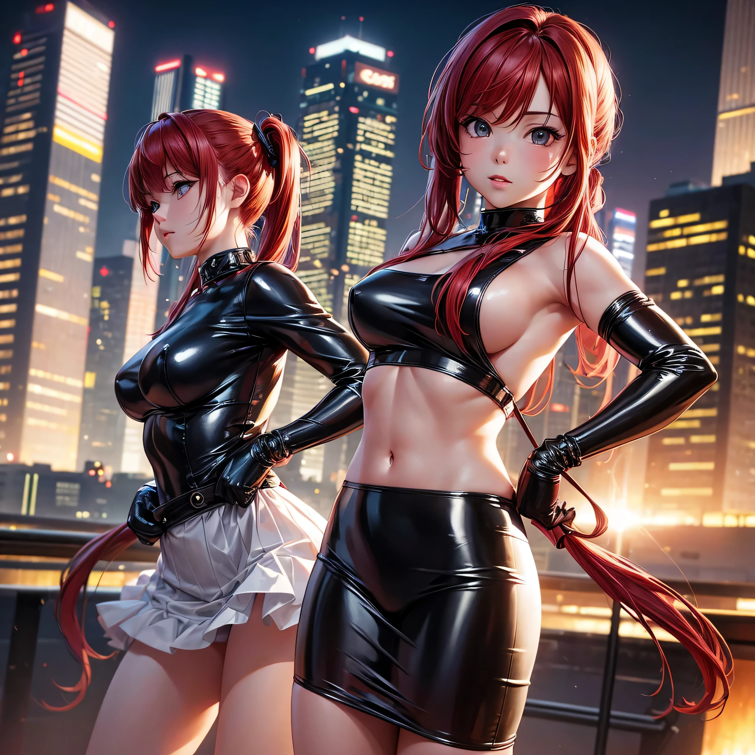 (RAW Photo, Best Quality), (Realistic, Photo Realistic: 1.3), Best Quality, Highly Detailed, Masterpiece, Hyperdetail, Illustration, 1 Girl, upper_body, Dynamic Angle, World Masterpiece Theater, Ore no Imoto ga konna ni kawaii wake ga nai, 25-yers-old girl with crimson red hair- pulled up into twin ponytails, wearing a latex mini dress with the city lights in the background sexy pose, standing, hands on hips, Best Quality, Extremely Detailed CG Unified 8k Wallpaper, Ink, Amazing, Cinematic Lighting, lens flare, sexy pose, holding a bondage rope in her hand