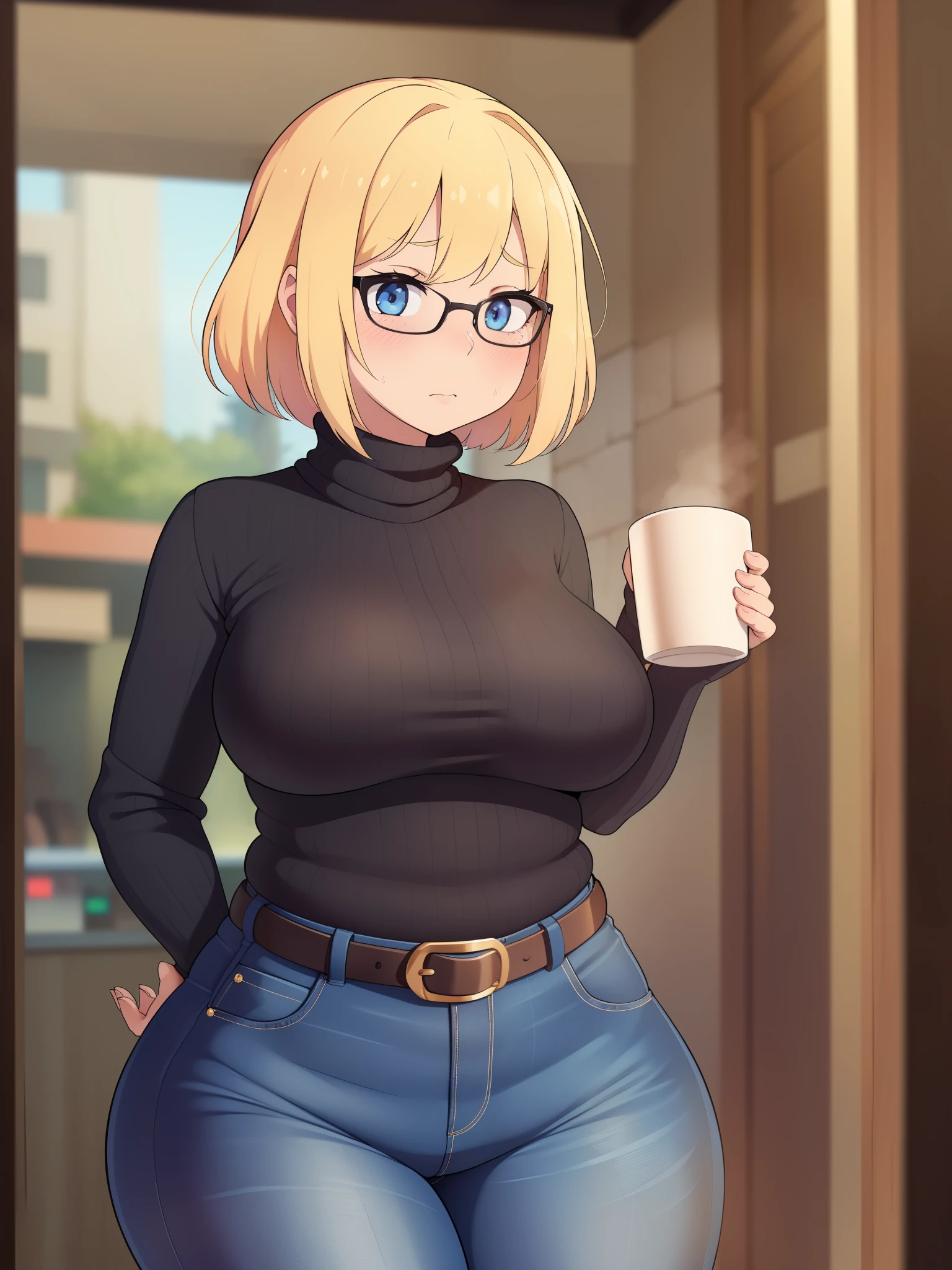 ((Masterpiece)), perfect anatomy, perfect shading, field of depth, (best quality), extremely delicate and beautiful, perfect lighting, detailed face, ultra cute face, cute, (cowboy shot 1.2), full body, (((1girl))), ((solo)), looking at viewer,
short hair, fluffy hair, blonde hair, blue eyes, Glasses, ((blush)), shy, nervous, embarrassed, (black turtleneck sweater 1.5), (jeans 1.2), belt, extremely tight clothes, medium breasts, ((wide hips)), ((thick thighs)), ((chubby)),
coffee shop, intricate background, detailed background, hand on hip, holding coffee cup,