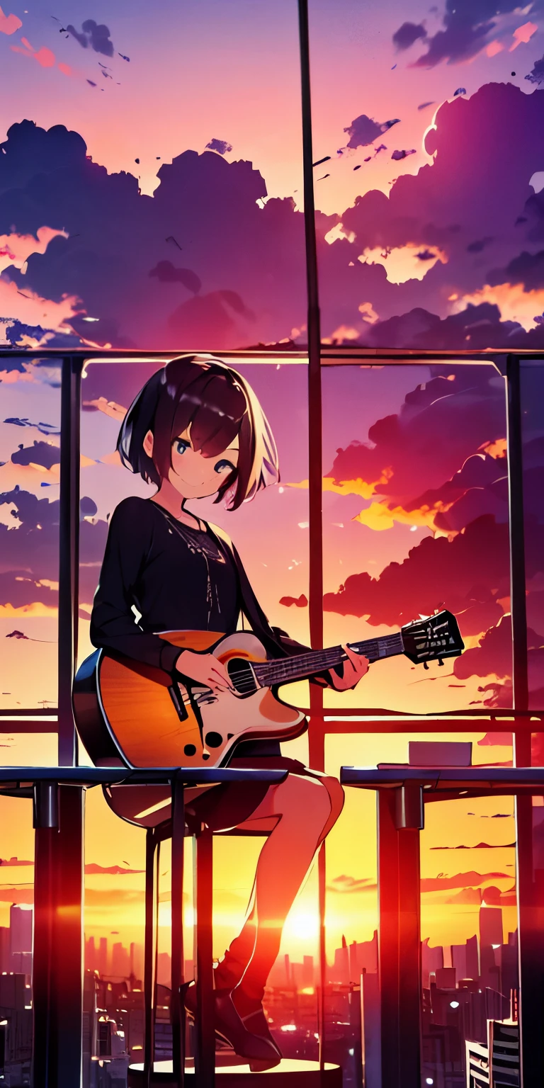 table top, highest quality,figure, wallpaper, ultra detail, absurd,  girl, alone, (medium short hair、play the guitar、smile、Overlooking the city from the top of the hill、the sunset is beautiful