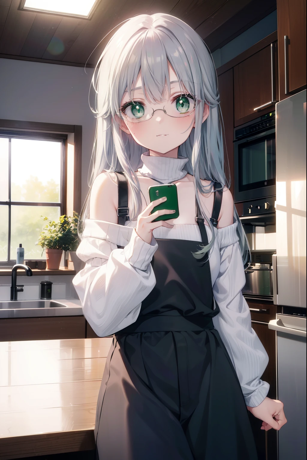 index, index, (green eyes:1.5), silver hair, long hair, (flat chest:1.2),smile,blush,off shoulder sweater,bare shoulders,bare clavicle,bare neck pink apron,skinny pants,Black Abyss glasses,kitchenで料理をする,皿の上でエビを調理する
break looking at viewer, Upper body, full body,
break indoors, kitchen,kitchen,
break (masterpiece:1.2), highest quality, High resolution, unity 8k wallpaper, (figure:0.8), (beautiful and fine eyes:1.6), highly detailed face, perfect lighting, Very detailed CG, (perfect hands, perfect anatomy),