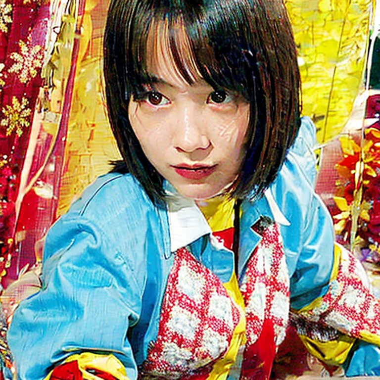 Gray eye，Korean school uniform，Summer uniform shirt，Ribbon Ties，a skirt，Bright blonde hair，school stairs，Go down the school stairs，Chest thrust pose，Chest bragging pose，8K original photos，A high resolution，16-year-old Koreans are cool，very large round breasts，beautiful eyes in detail，long eyelasher，beautiful double eyelid，eye shadows，eyes liner，Elongated eyes，Elongated eyes，Elongated eye shape， Sanbai's eyes，evil grin smile，Evil expression，Beautiful very thin legs，Beautiful very thin thighs，Random medium hair，Hair tied behind the head，Raised sexy