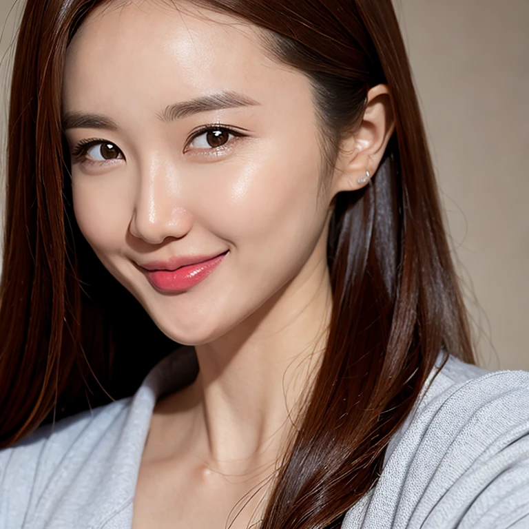 (masterpiece, best quality:1.2),1girl asian,1girl, breasts, brown eyes, brown hair, closed mouth, forehead, grey background, jacket, lips, long hair, looking at viewer, nose, realistic, red lips, shirt, smile, solo, upper body, white shirt