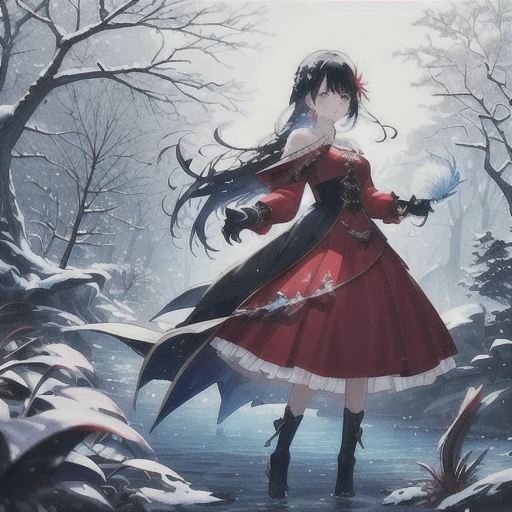 1girl,bangs,bare tree,black hair,blue eyes,braid,branch,breasts,cape,closed mouth,coral,dress,earrings,fireworks,fish,flower,full body,gloves,hair flower,hair ornament,holding,jewelry,long hair,long sleeves,looking at viewer,own hands together,purple eyes,red dress,red skirt,snow,snowflakes,snowing,solo,spider lily,standing,tree,underwater,winter
Style:** I have a style** of high-definition official artwork and highly detailed exquisite fan art that trends on Art Station and Pixiv. **We are referring to the key art of Kushart Klenz, feminine style, anime style like Fay Knight, Kanna Hashimoto style, and Miho Yoshioka style**. Also, **realistic anime 2.5D style and realistic anime girl style **image quality uses **golden ratio 1.2 and drawing board 1.3** and aims for **absurdres, top quality, realistic, hyper realistic, ultra detailed illustrations**. Ultra high resolution, large file size, **64K creating beautiful masterpieces**. Faces are in high definition and lighting is flawless. Resolution is 8K, Ultra High Resolution: 1.2, High Resolution (HD, 4K, 8K, 16K, etc. can be selected). Color bit depth is 24 and 48 bits.
