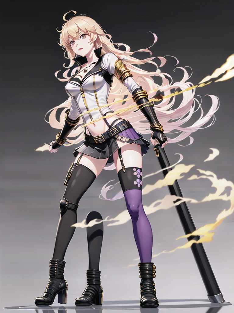 (fullbody), Huntress Yang, 1girl, solo, (ahoge:1), bangs, luscious blonde hair, very long hair, (lilac eyes:1.), eyebrows visible through hair, hair between eyes, lips, teeth, collarbone, (Pendant:1), (purple jewelry:1), jacket, (black sleeves:1), (black shoulders:1), unzipped, long sleeves, cleavage, (black tube top:1), medium breasts, black underwear, (black belt:1.2), buckle, (purple fabric attached left of belt:1), (Heavy wind:1.4), (golden gauntlets with shell casings:1.3), black fingerless gloves, nail polish, (black mini skirt:1.5), thighhighs, (golden fire stamp on each thigh), (garter straps), (black legwear:1), cross-laced footwear, lace-up boots, (white laces on the back of boots:1.1), (standing:1.4), from below, (clean white background:1.5). BREAK, (masutepiece:1.2), Best Quality, High resolution, Unity 8k壁纸, (Illustration:0.8), (Beautiful detailed eyes:1.2), extra detailed face, Perfect Lighting, extremely detailed CG, (open legwear:1.5)