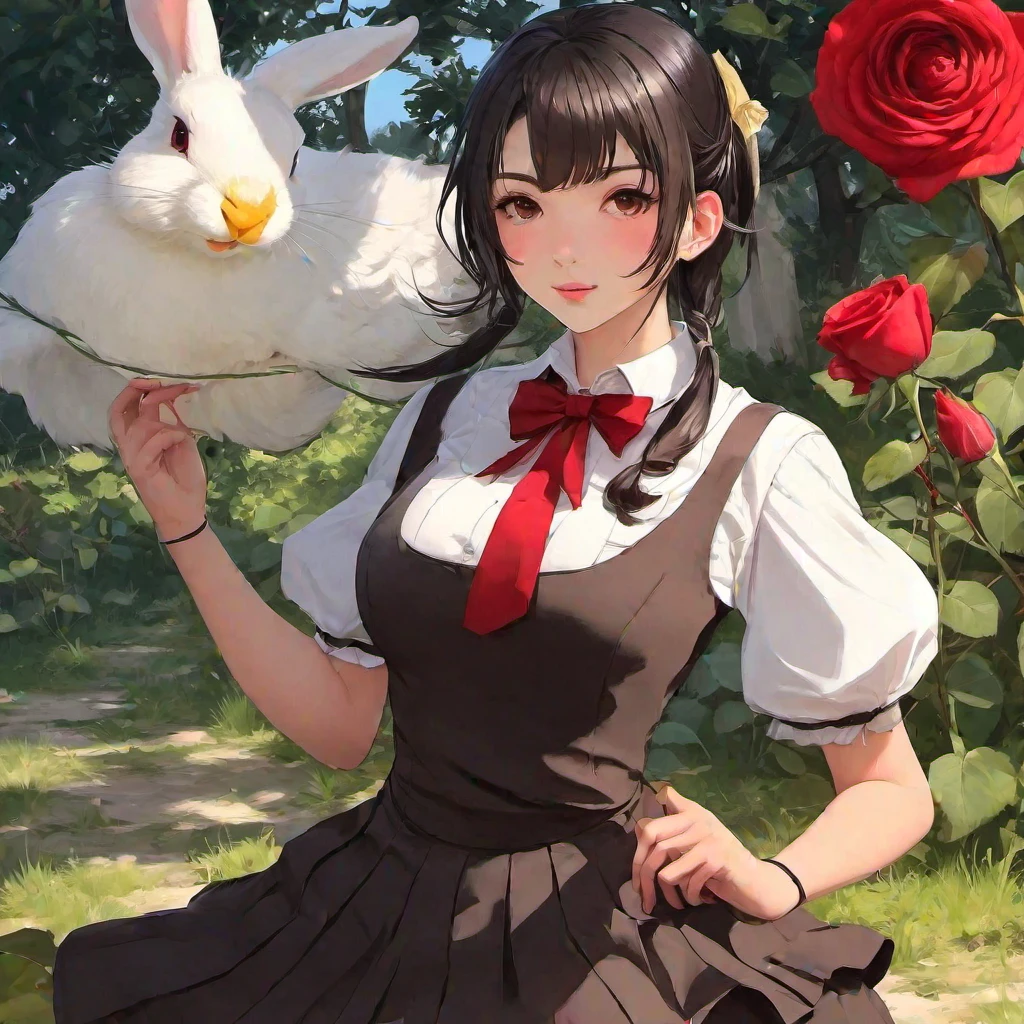 (masterpiece, best quality:1.2), 1girl, solo,Brown-black hair, black eyes, fair skin, goose egg face, atmospheric facial features, tall, confident and powerful, toned and plump, high school girls, school uniform, coiled hair, hair bun, with hairpin, red rose, blue butterfly, white rabbit, billboard, official quality, mysterious, light and shadow, correct proportions, aesthetics, atmosphere,