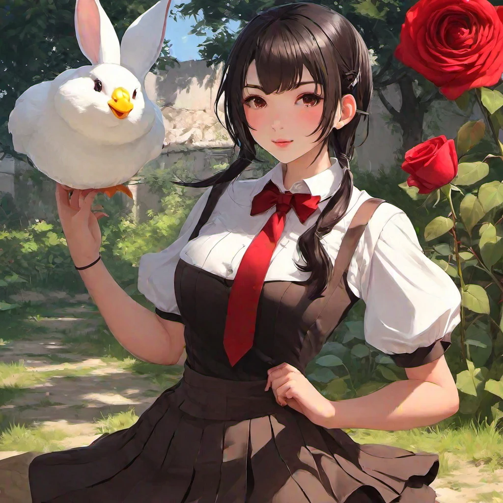 (masterpiece, best quality:1.2), 1girl, solo,Brown-black hair, black eyes, fair skin, goose egg face, atmospheric facial features, tall, confident and powerful, toned and plump, high school girls, school uniform, coiled hair, hair bun, with hairpin, red rose, blue butterfly, white rabbit, billboard, official quality, mysterious, light and shadow, correct proportions, aesthetics, atmosphere,