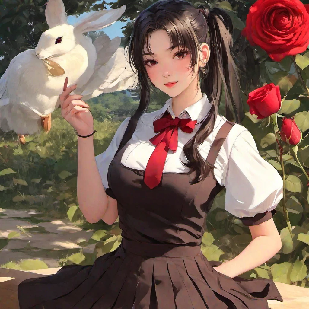 (masterpiece, best quality:1.2), 1girl, solo,Brown-black hair, black eyes, fair skin, goose egg face, atmospheric facial features, tall, confident and powerful, toned and plump, high school girls, school uniform, coiled hair, hair bun, with hairpin, red rose, blue butterfly, white rabbit, billboard, official quality, mysterious, light and shadow, correct proportions, aesthetics, atmosphere,