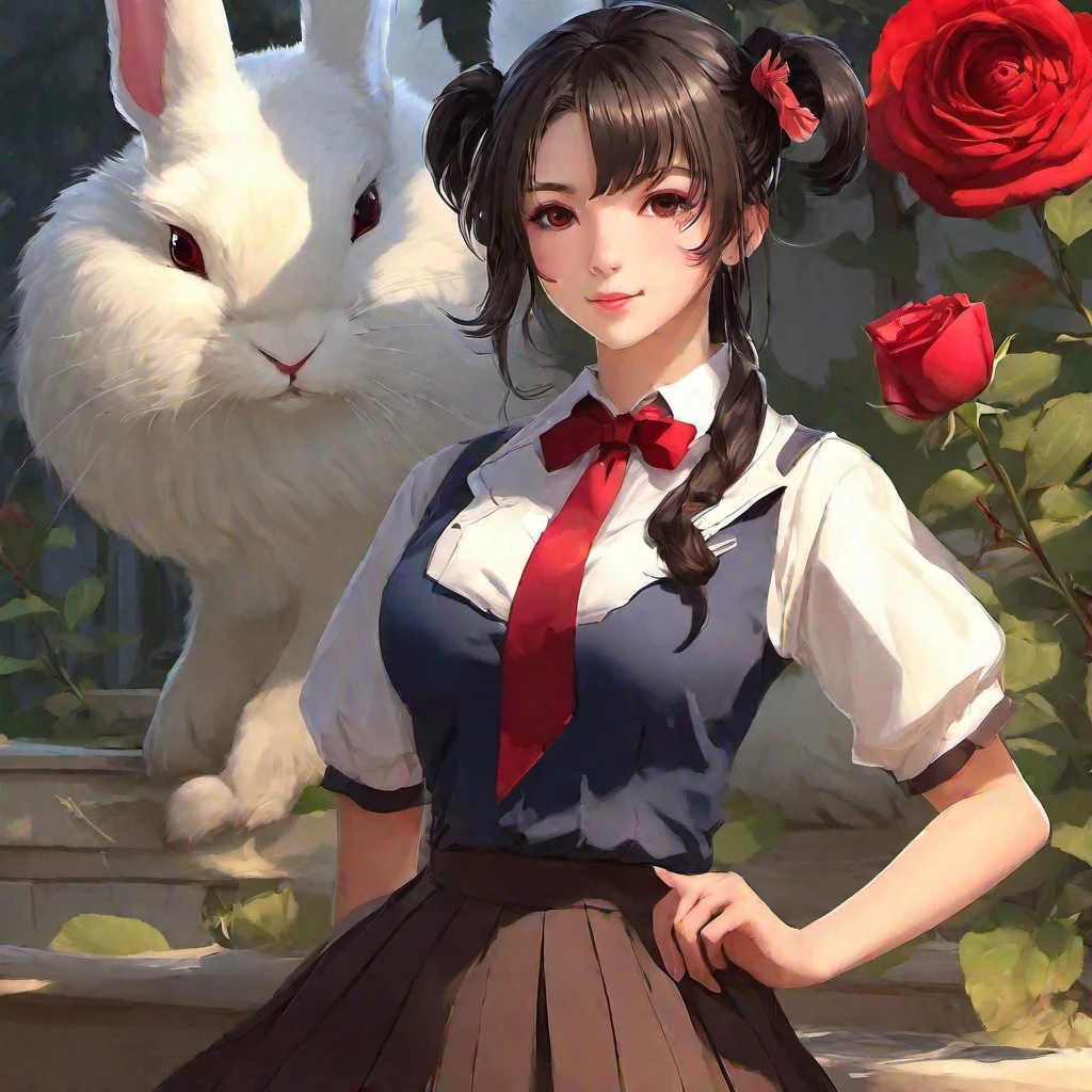 (masterpiece, best quality:1.2), 1girl, solo,Brown-black hair, black eyes, fair skin, goose egg face, atmospheric facial features, tall, confident and powerful, toned and plump, high school girls, school uniform, coiled hair, hair bun, with hairpin, red rose, blue butterfly, white rabbit, billboard, official quality, mysterious, light and shadow, correct proportions, aesthetics, atmosphere,