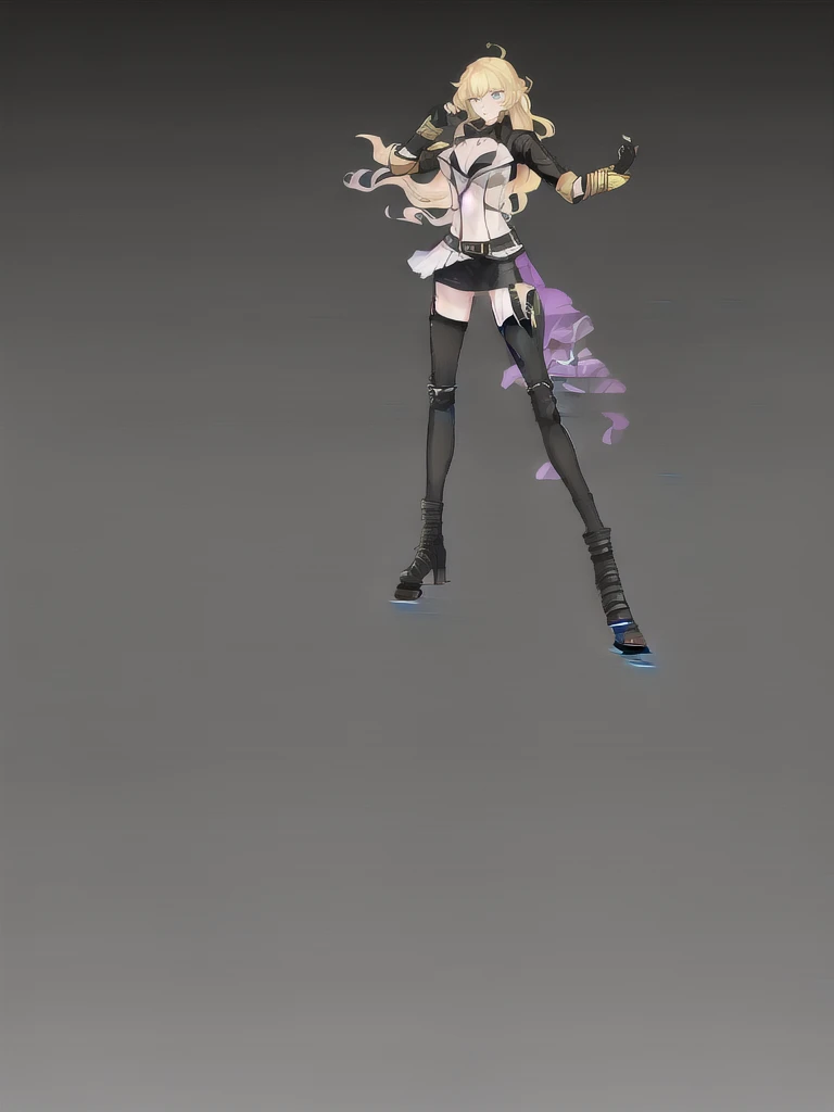 (fullbody), Huntress Yang, 1girl, solo, (ahoge:1), bangs, luscious blonde hair, very long hair, (lilac eyes:1.), eyebrows visible through hair, hair between eyes, lips, teeth, collarbone, (Pendant:1), (purple jewelry:1), jacket, (black sleeves:1), (black shoulders:1), unzipped, long sleeves, cleavage, (black tube top:1), medium breasts, black underwear, (black belt:1.2), buckle, (purple fabric attached left of belt:1), (Heavy wind:1.4), (golden gauntlets with shell casings:1.3), black fingerless gloves, nail polish, (black mini skirt:1.5), thighhighs, (golden fire stamp on each thigh), (garter straps), (black legwear:1), cross-laced footwear, lace-up boots, (white laces on the back of boots:1.1), (standing:1.4), from below, (clean white background:1.5). BREAK, (masutepiece:1.2), Best Quality, High resolution, Unity 8k壁纸, (Illustration:0.8), (Beautiful detailed eyes:1.2), extra detailed face, Perfect Lighting, extremely detailed CG, (open legwear:1.5)