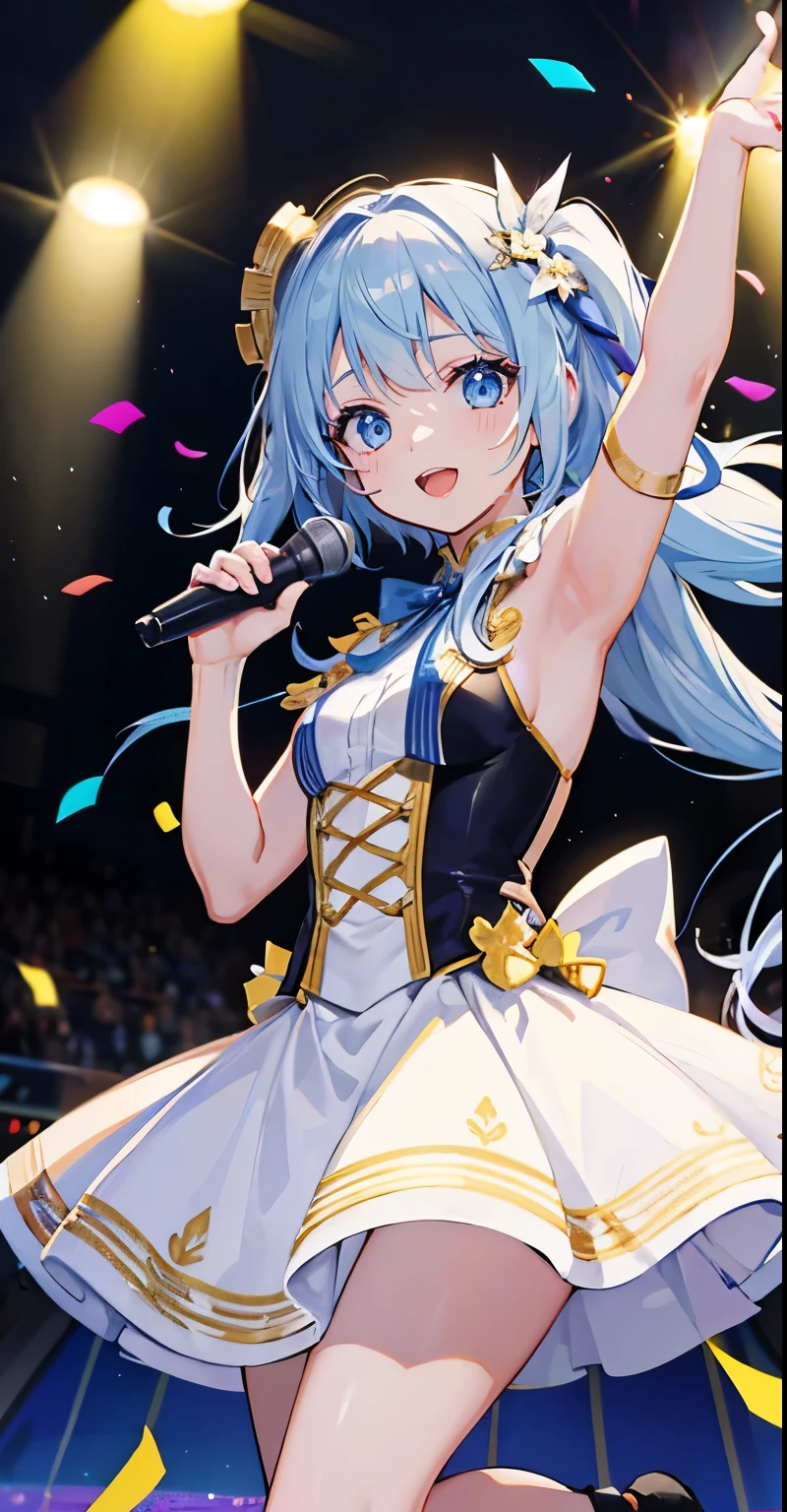 (muste piece), (best quality), very detailed, ((1 girl)), solo focus，Low - Angle，dynamic，jump，((A big smile))，wink，perfect face, beautiful face, very detailedな顔，(white long hair_blue eyes:1.3)，idol costume，solo idol，ribbon hair ornament，concert dome，live，have a microphone，singing，smiling with mouth wide open，Laser Light，Spotlight，Lots of confetti