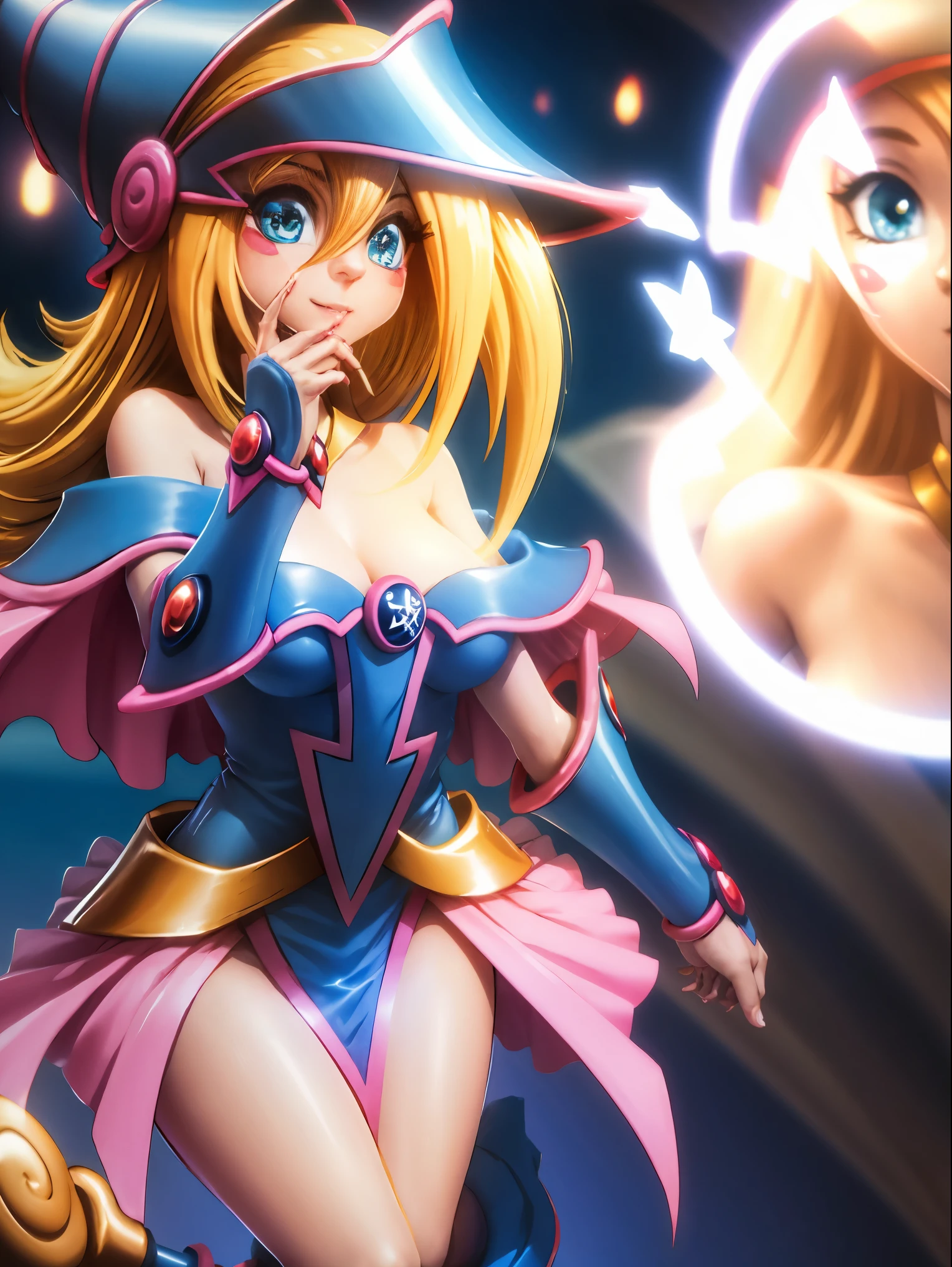 Dark magician gils. Leaving a magic circle. Magia de corazones en el aire. Pose sensual y inocente. Sonrisa de mona lisa