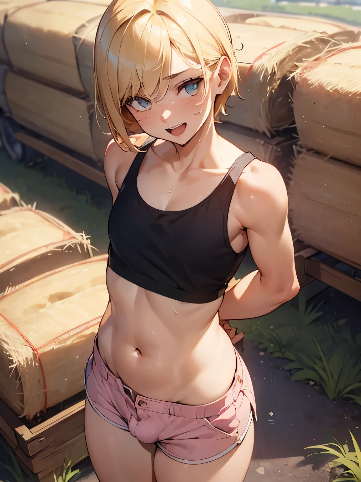 (((SHARP detail perfect face))), (flat chest), (nice hips), detailed skin, ((masterpiece)), best quality, (SHARP details), 4k, (((femboy))), (((farm))), (tight (tank top)), ((pulled down hotpants)), ((blonde hair)), sweat, (trap), amber eyes, looking at viewer, short hair, (((bulge in hotpants))), (hay), smiling, open mouth, outdoors, solo, (asymmetric hair), ((farmboy)), freckles, tanned, (nice butt), stable, ((visible femboy penis)),