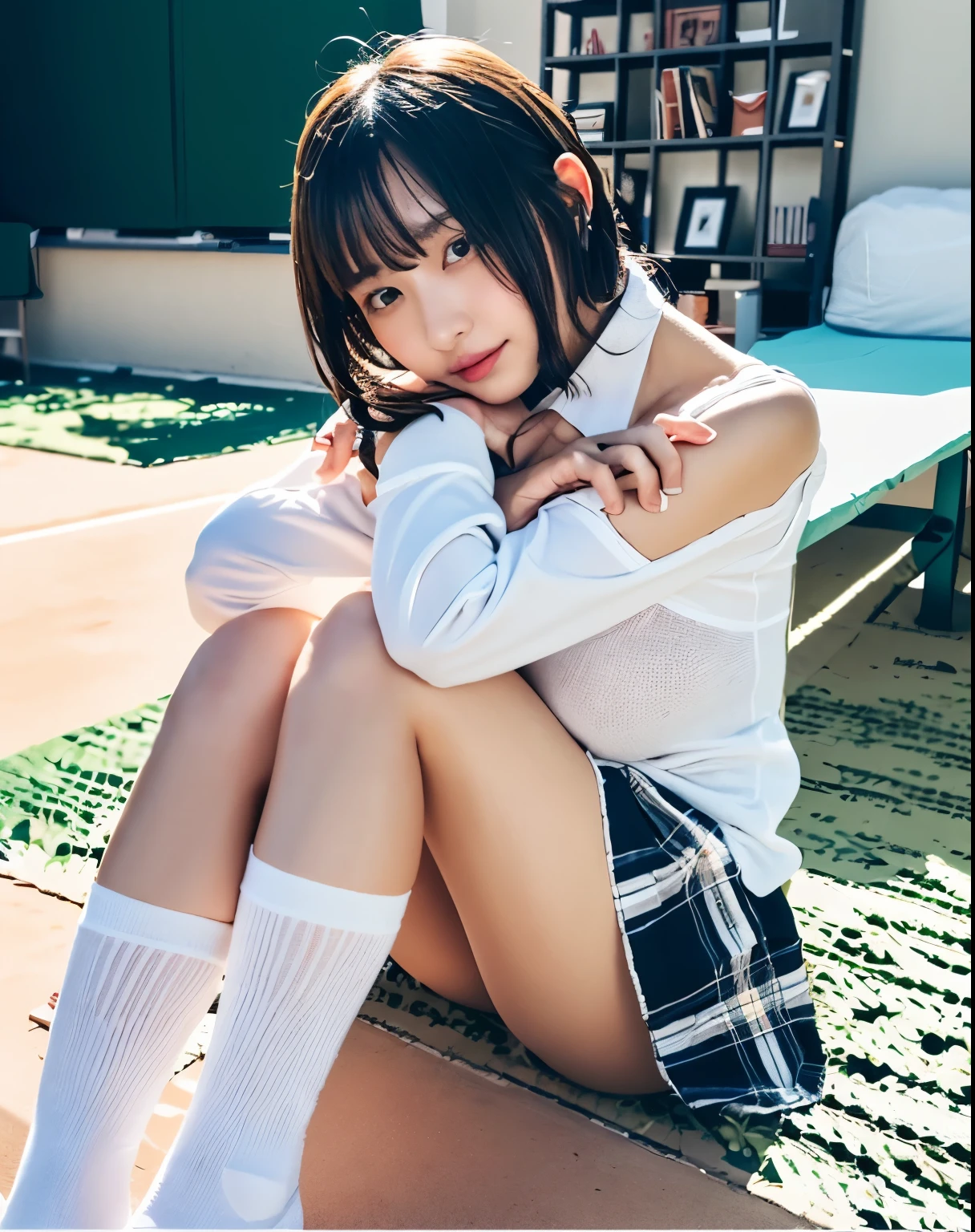 ((realistic lighting, highest quality, 8K, masterpiece, medium shot: 1.3)), clear focus: 1.2, 1 girl, perfect figure: 1.4, plump bust,((black hair)),((long hair that reaches down to the chest)),((With bangs)),(tennis wear: 1.4), inside the indoor changing room, locker in the background,sitting on the floor,White panties are visible,Moderately thin calves,exposed thighs,Navy mid-length socks,white sneakers,super fine face, fine eyes, double eyelid,(white pleated mini skirt), (white polo shirt)
