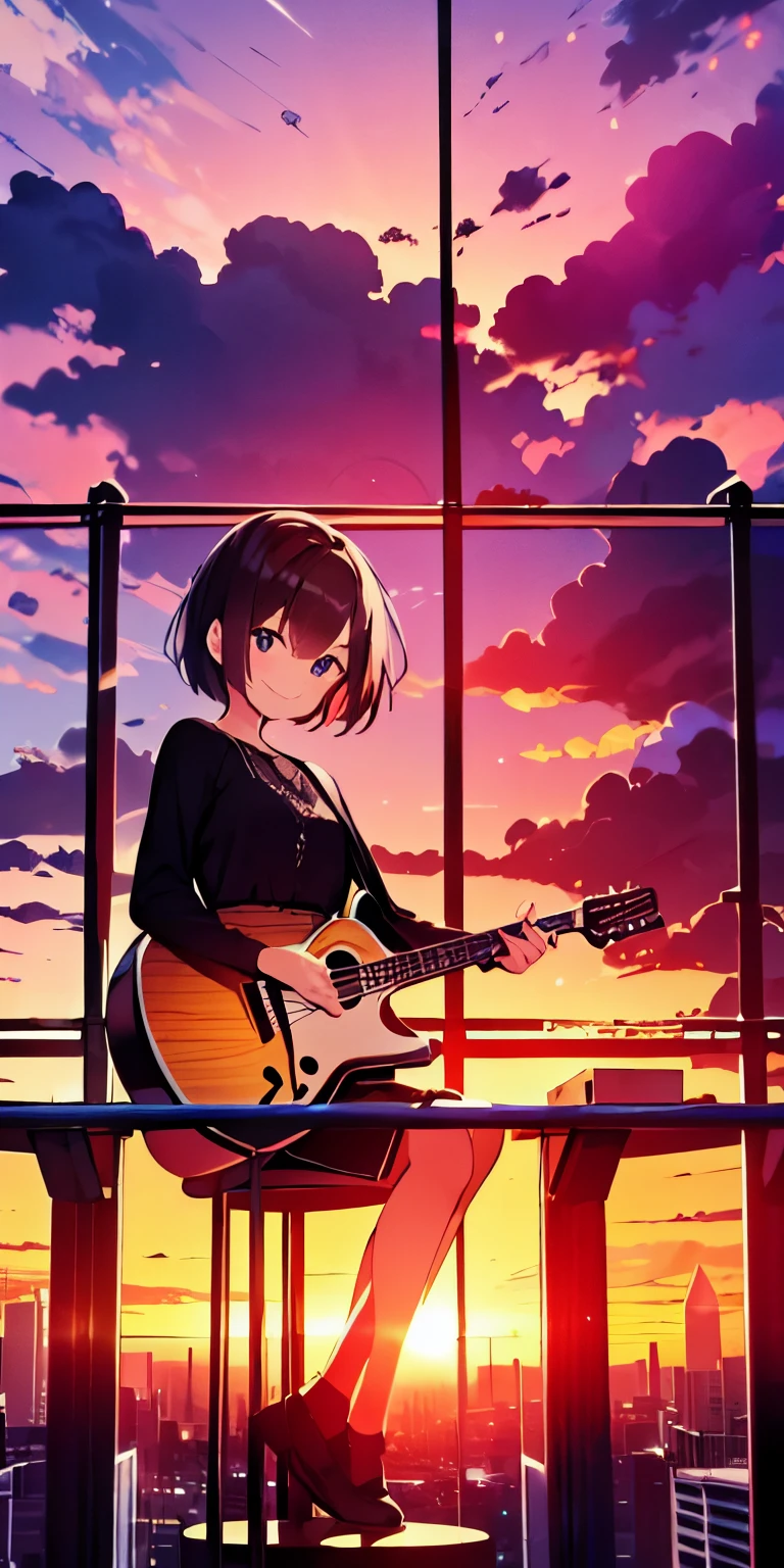 table top, highest quality,figure, wallpaper, ultra detail, absurd, 16 year old girl, alone, (medium short hair、play the guitar、smile、Overlooking the city from the top of the hill、the sunset is beautiful