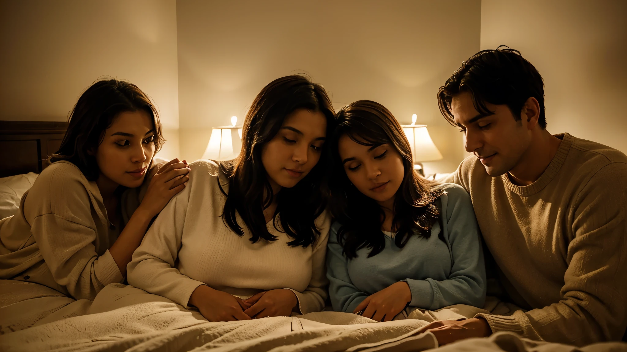 A diverse trio of lovers, one man and two women, cuddle under soft blankets in a cozy bedroom, basking in the warm glow of dim lighting.
