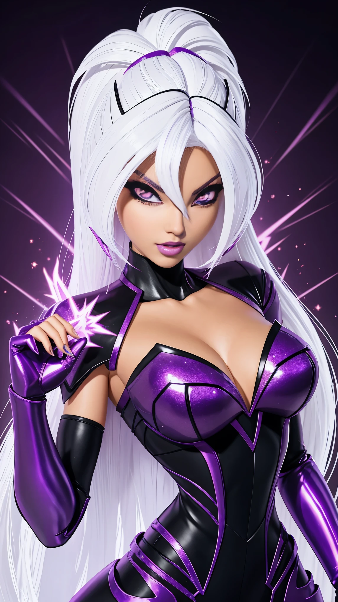 A barbie transforming into a dark super saiyan with white hair and glowing purple eyes
