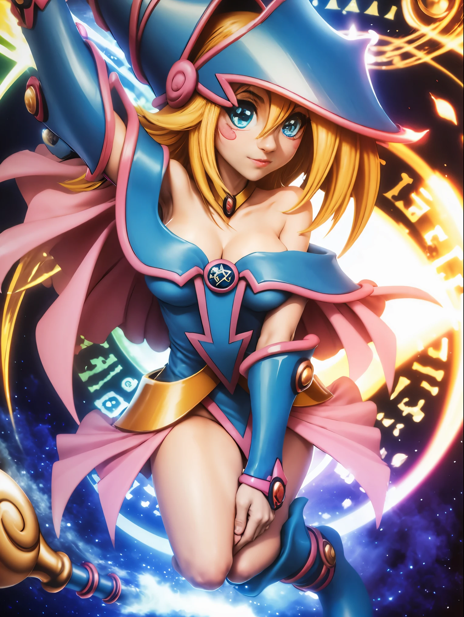 Dark magician gils. Leaving a magic circle. Magia de corazones en el aire. Pose sensual y inocente. Sonrisa de mona lisa 