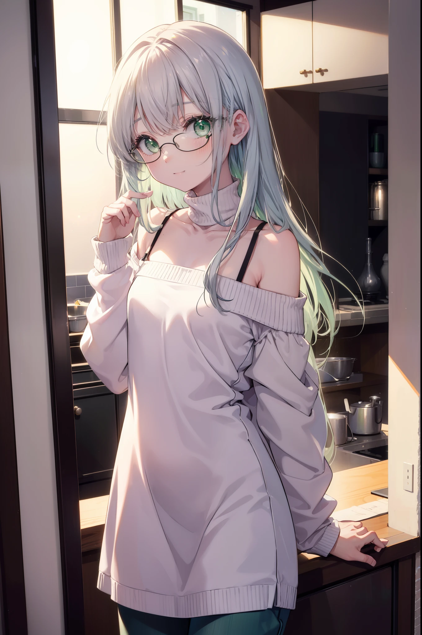 index, index, (green eyes:1.5), silver hair, long hair, (flat chest:1.2),smile,blush,off shoulder sweater,bare shoulders,bare clavicle,bare neck pink apron,skinny pants,Black Abyss glasses,kitchenで料理をする,皿の上でエビを調理する
break looking at viewer, Upper body, full body,
break indoors, kitchen,kitchen,
break (masterpiece:1.2), highest quality, High resolution, unity 8k wallpaper, (figure:0.8), (beautiful and fine eyes:1.6), highly detailed face, perfect lighting, Very detailed CG, (perfect hands, perfect anatomy),