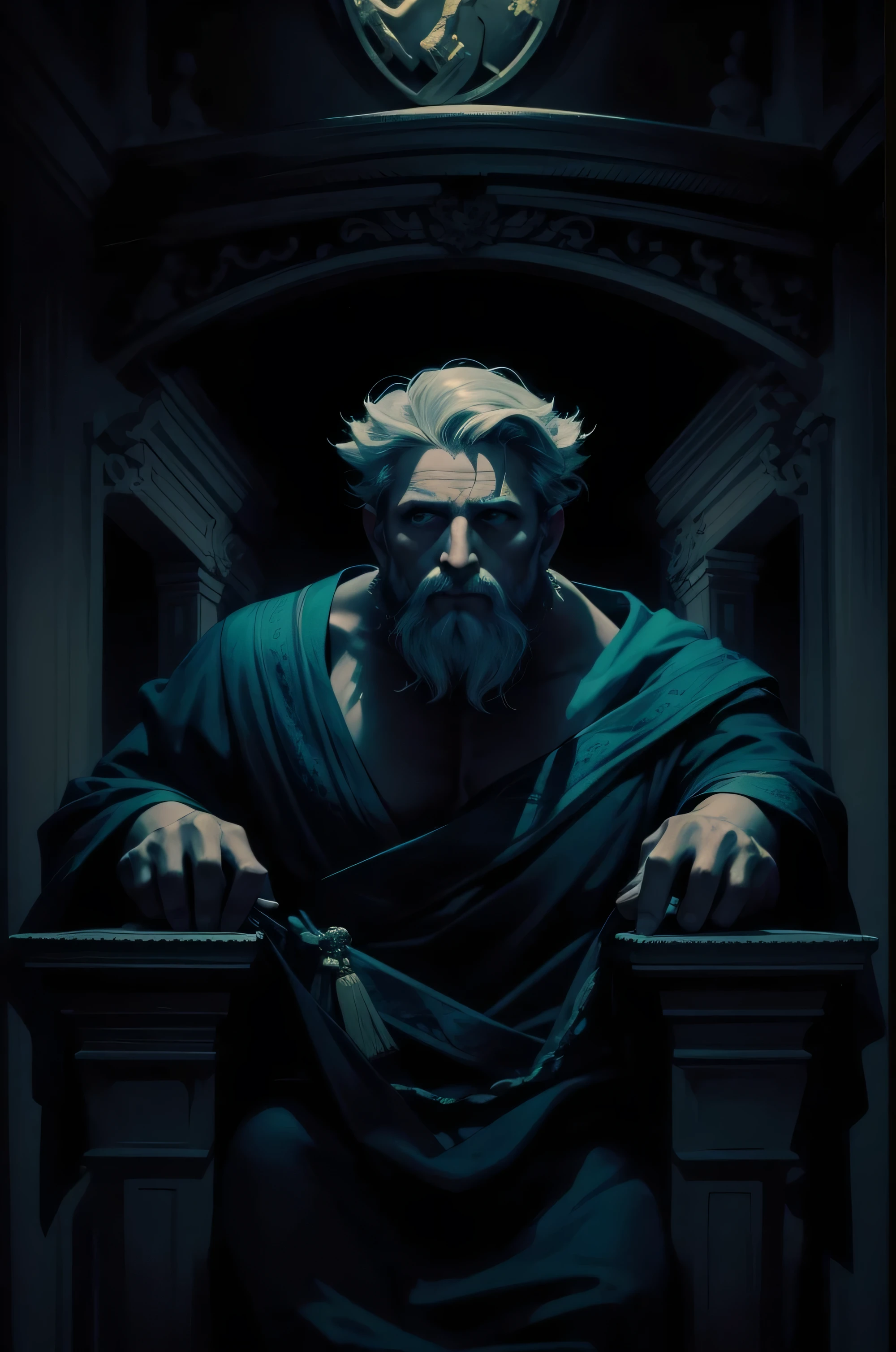 Em seu trono um homem grego, detailed wearing a ghostly toga, fundo neutro, Moody, , fotorrealista, cinema atencioso, super detalhada, Hiper realista, luzes brilhantes, 8 mil
