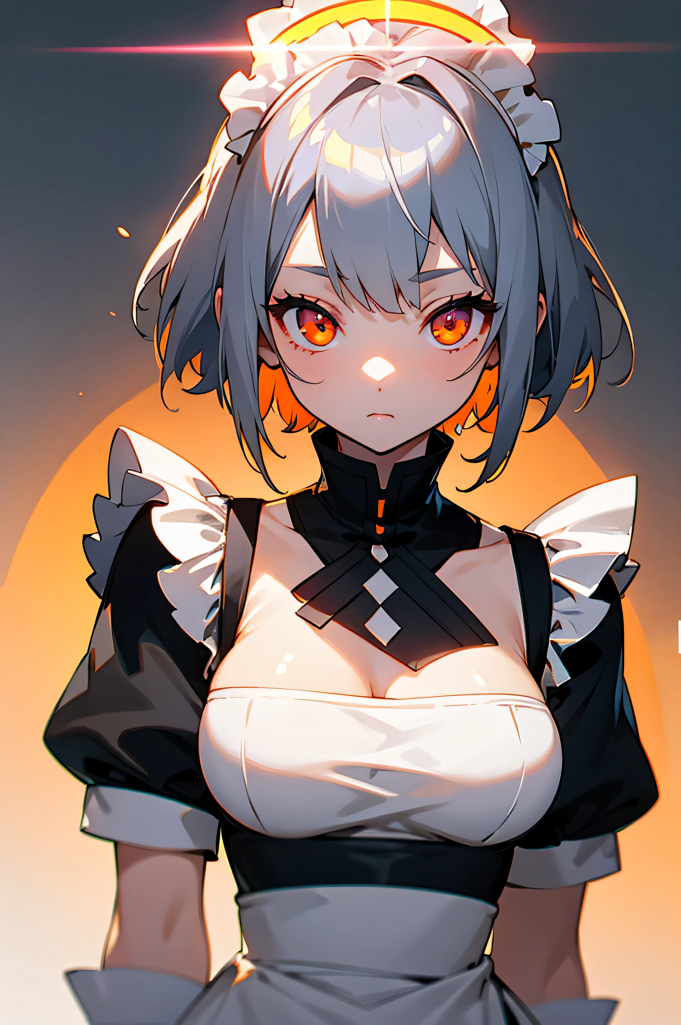 girl、1 person、short hair、gray hair、looking at the camera、orange eyes、pure white skin、Maid clothes、Princess、larger breasts、Fluffy clothes、The body is frontal、Upper body、Neon feeling、neon laser
