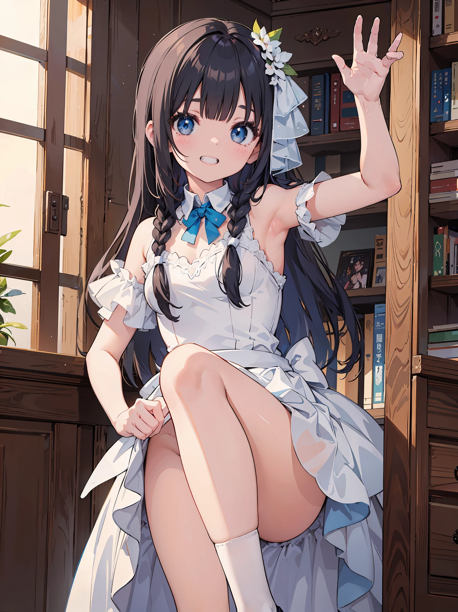 highest quality, masterpiece, ultra high resolution, 8K, Wedding dress, Shoujo manga style , single, soft line art, digital enhancement, Shoujo Manga Touch, girl manga core, flowing fabric, close, ((Shoulder-length hair and short braids)), staring at us from the front, soft drawing, beautiful black hair, clear eyes, grin and laugh, teeth, wide mouth, Super detailed digital anime art, clear facial depiction, Super detailed girl manga character art, Super detailed manga style, highest qualityの色, Teburi, foot up angle, indoor