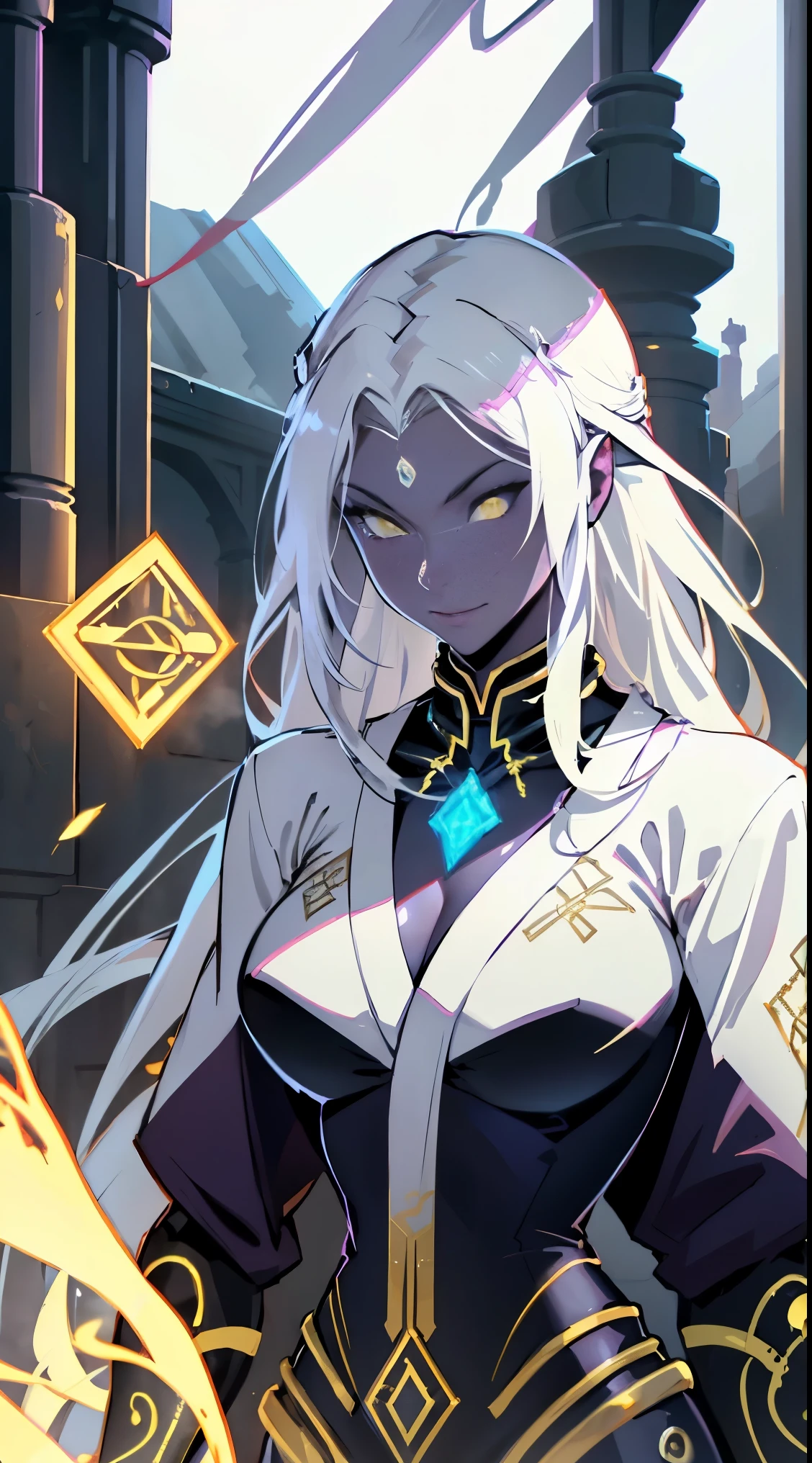 A beautiful and sexy megatrix woman with long white hair and yellow eyes who has a very sexy body wearing a white kimono with gold details and having several runes running across her body