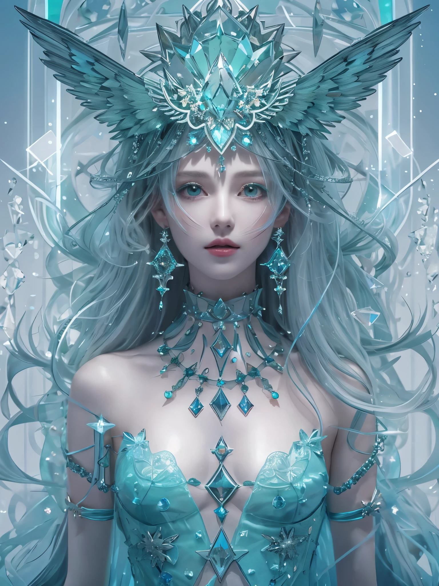 (Game King Card:1.5, rotational symmetry),Stephen Gammell,(cowboy shot),minimalist compositions,ocean waves,Female magician,Exquisite crystal headdress, exquisite crystal armor,Electroluminescent Wire,Dreamy Glow,conceptual digital art, Azure blue and gray,(Very detailed, reasonable design, Clear lines, High sharpness,best quality, masterpiece, 4K )