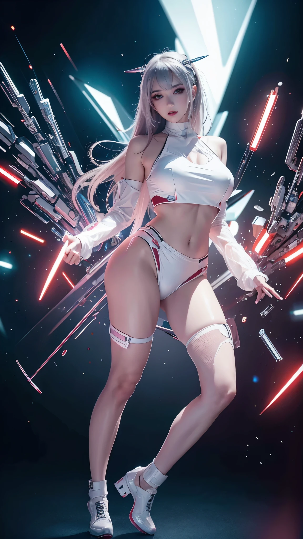 8K uhd, materpiece, a beautiful girl, detaild eye, good face, detaild eyebrow, cyberpunk outfit, white outfit, cyberpunk, Cyberspace, cyberpunk shining background, neon effect, Spreading lighting, red lighting, whole body capture,full body,big tits ,big tits