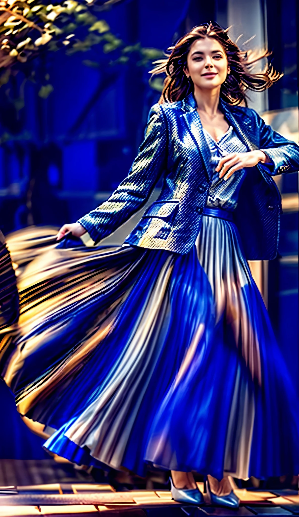 A smiling, authentic, (shy:1,3), kind, beautiful woman, is passionately in love with her skirt, while wind lifts her skirt, wearing short blazer and very very detailed (long (fully pleated) full circle skirt) and (low heeled court shoes), very very intricate hyper-detailed symmetric (attractive graceful young feminine face) with (sad, tired eyes and a loving smile), large breasts, full of empathy and compassion and love, (pronounced (feminine) features), (highly detailed ultra accurate realistic) hands and fingers, (windy), epic composition, highly detailed attributes, (35mm f1.4 Kodak portra 400 photograph), extremely high quality RAW photograph, highly detailed atmosphere, sci-fi, cinematic shot, dynamic lighting, 75mm, Technicolor, Panavision, cinemascope, sharp focus, fine details, 8k, HDR, realism, realistic, key visual, film still, superb cinematic color grading, depth of field