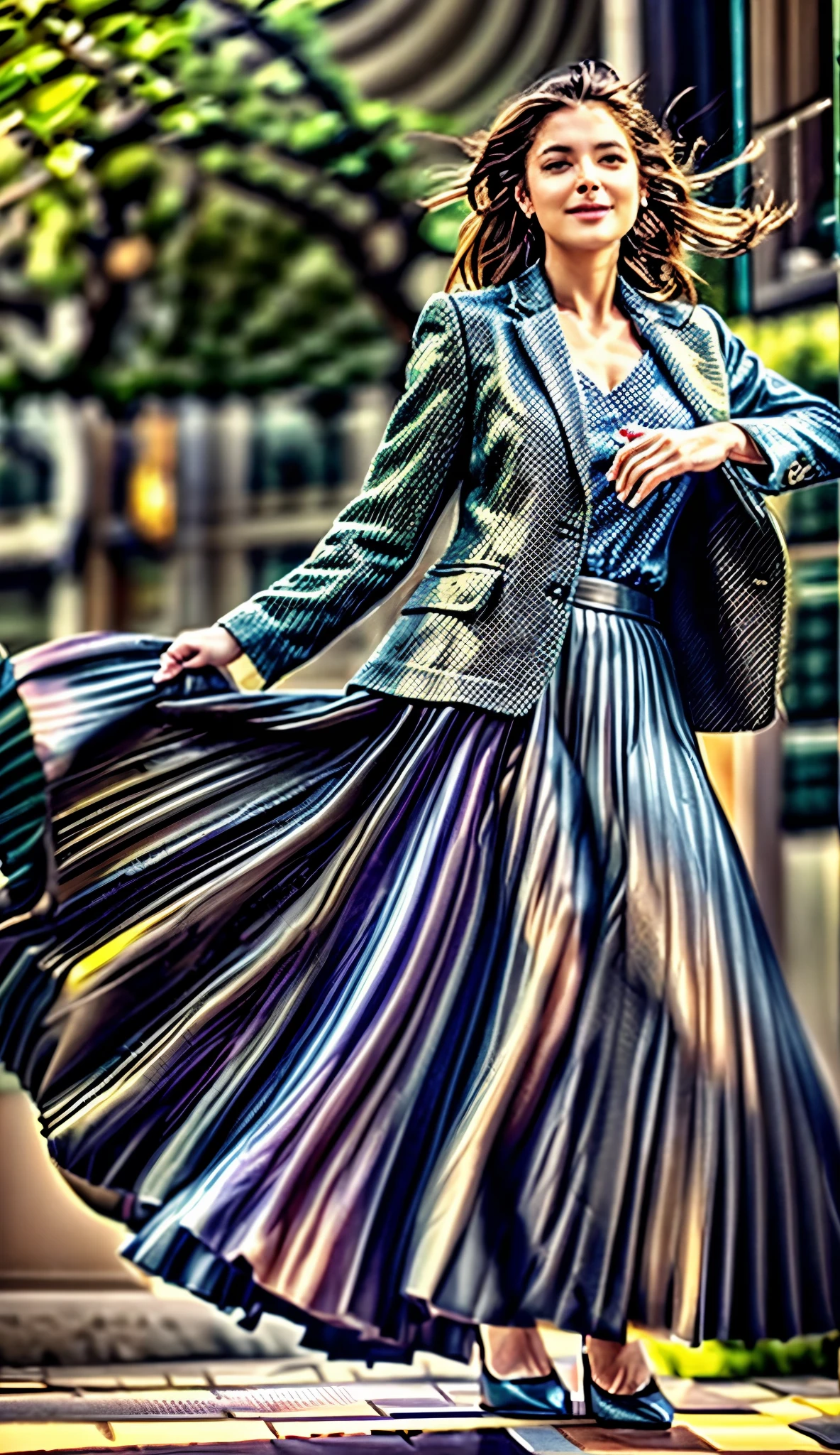 A smiling, authentic, (shy:1,3), kind, beautiful woman, is passionately in love with her skirt, while wind lifts her skirt, wearing short blazer and very very detailed (long (fully pleated) full circle skirt) and (low heeled court shoes), very very intricate hyper-detailed symmetric (attractive graceful young feminine face) with (sad, tired eyes and a loving smile), large breasts, full of empathy and compassion and love, (pronounced (feminine) features), (highly detailed ultra accurate realistic) hands and fingers, (windy), epic composition, highly detailed attributes, (35mm f1.4 Kodak portra 400 photograph), extremely high quality RAW photograph, highly detailed atmosphere, sci-fi, cinematic shot, dynamic lighting, 75mm, Technicolor, Panavision, cinemascope, sharp focus, fine details, 8k, HDR, realism, realistic, key visual, film still, superb cinematic color grading, depth of field