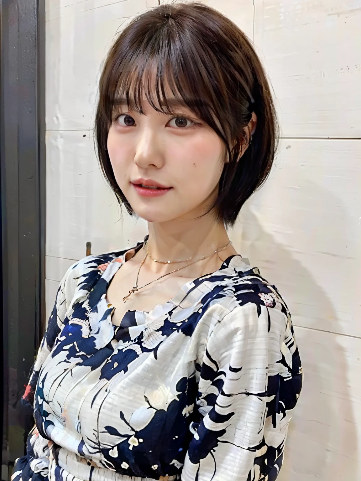 (highest quality, 8K, 32K, masterpiece, UHD:1.2),Photos of cute Japanese women,very short hair,Upper body,face focus,spring clothes、long sleeve dress, necklace, Taken in front of the white door, From above, looking at the viewer,Dark brown hair color