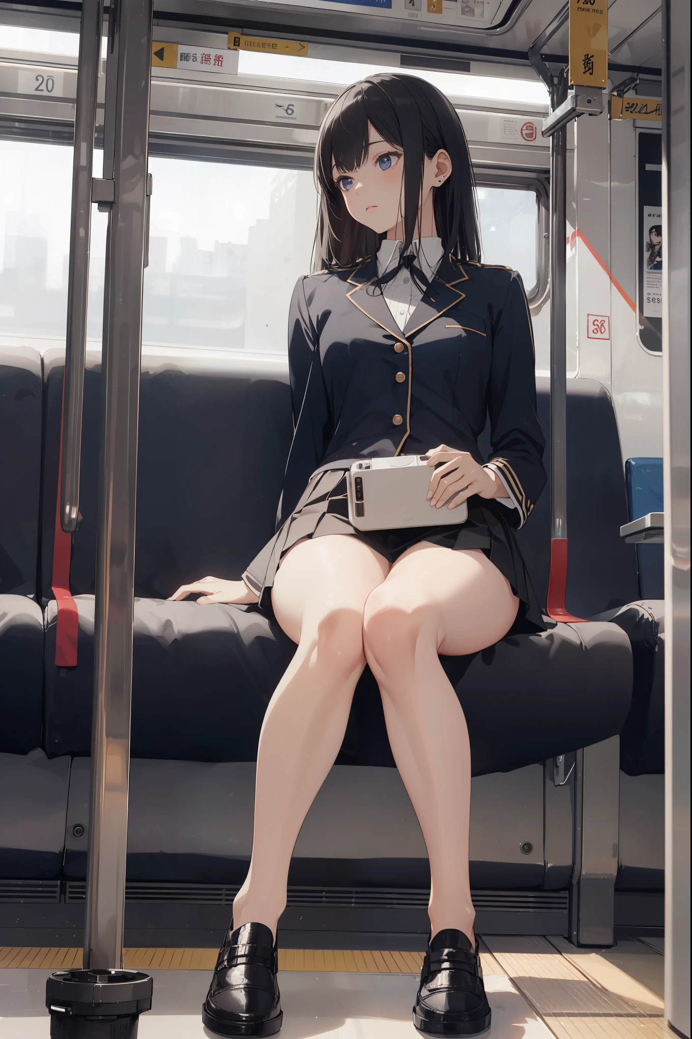 "(Masterpiece, High Definition, Ultra High Definition, 4K) Black hair, Japan girl, uniform skirt, emphasizing thighs, white thighs, soft thighs, glossy thighs, sitting on the train, face-to-face angle, (angle from below),sitting in the train seat,Sitting in front,Zoom camera in the crotch,Feet on the train floor,Full body,Looking down and sleepy,Looking at the viewer only", best quality, ultra high definition, (photorealistic:1.4),, high resolution, detail, raw photo, sharp re, Nikon D850 film stock photo by Lee Jefferies 4 kodak portra 400 camera f1.6 lens rich colors hyper realistic lively textures dramatic lighting unreal engine artstation trends cinestir 800,