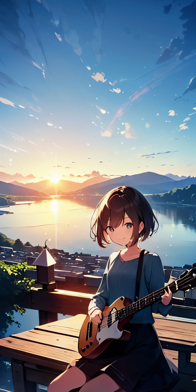 table top, highest quality,figure, wallpaper, ultra detail, absurd,  girl, alone, (medium short hair、play the guitar、face smile、overlooking the river from the top of the mountain、It&#39;s beautiful just before the sun goes down、(Depict a person far away and small)