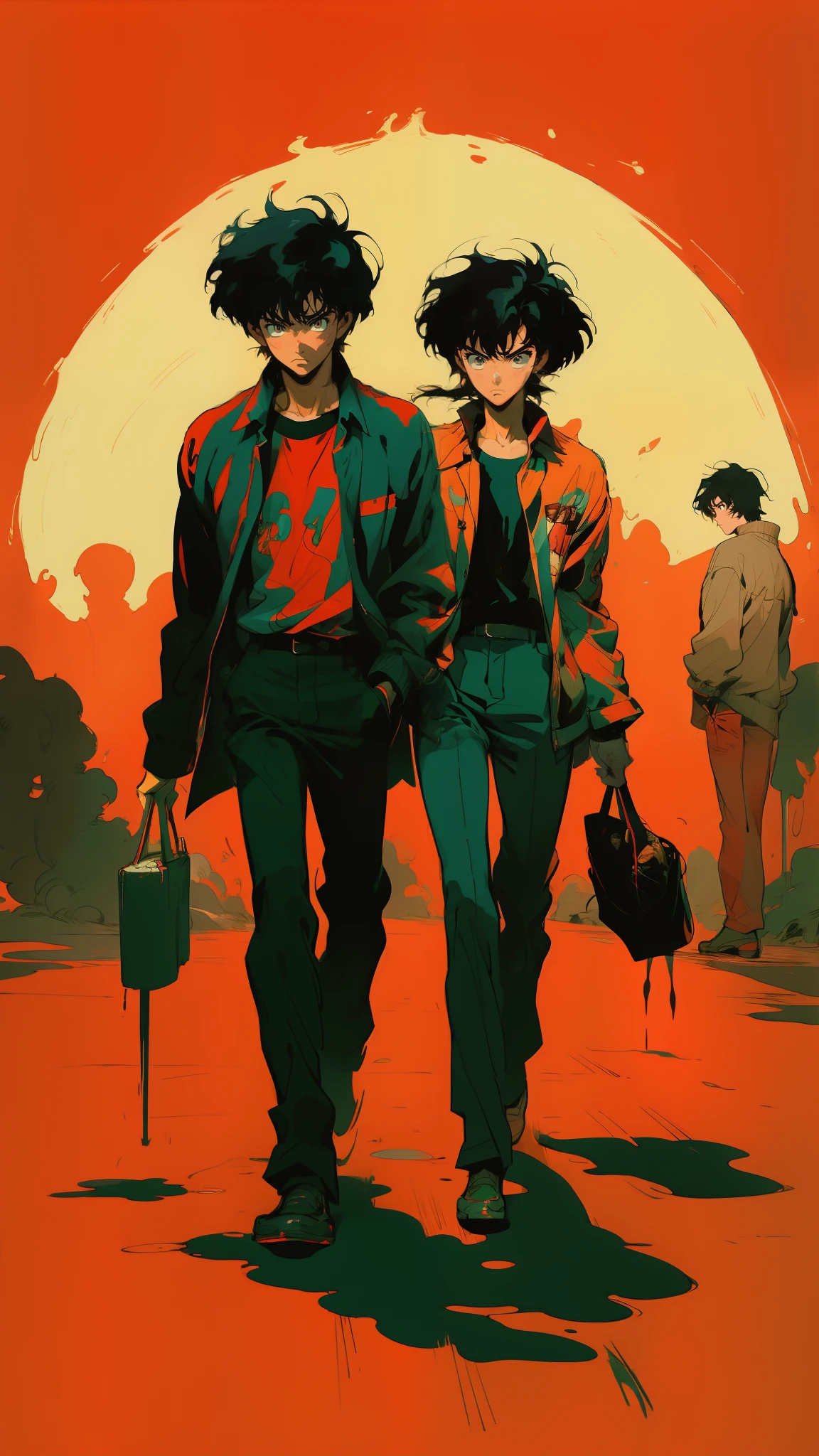 anime scene of two people walking through a red background, shigenori soejima illustration, the god of music, pianist, official artwork, cowboy bebop art style, inspired by yamagata hiro, satoshi kon artstyle, inspired by shinji aramaki, key anime art, keanu reevez in disco elysium