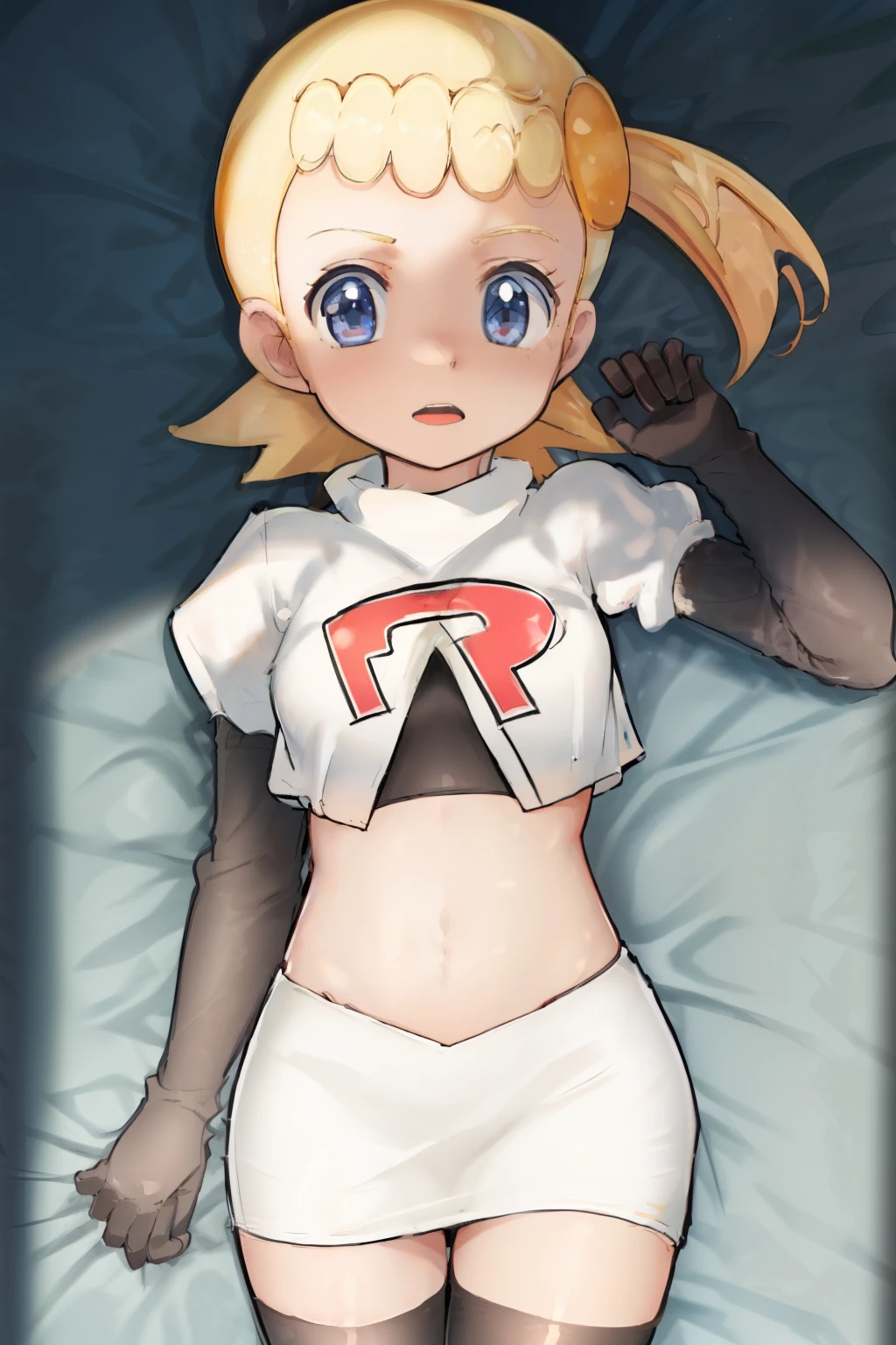 8k, anime screencap,1girl in, (Solo:1.2), (Perfect body:1.1), (Best Quality:1.1),team rocket,team rocket uniform,red letter R, white skirt,crop top, black thigh-highs,black elbow gloves,, ooking at viewer, Bonnie