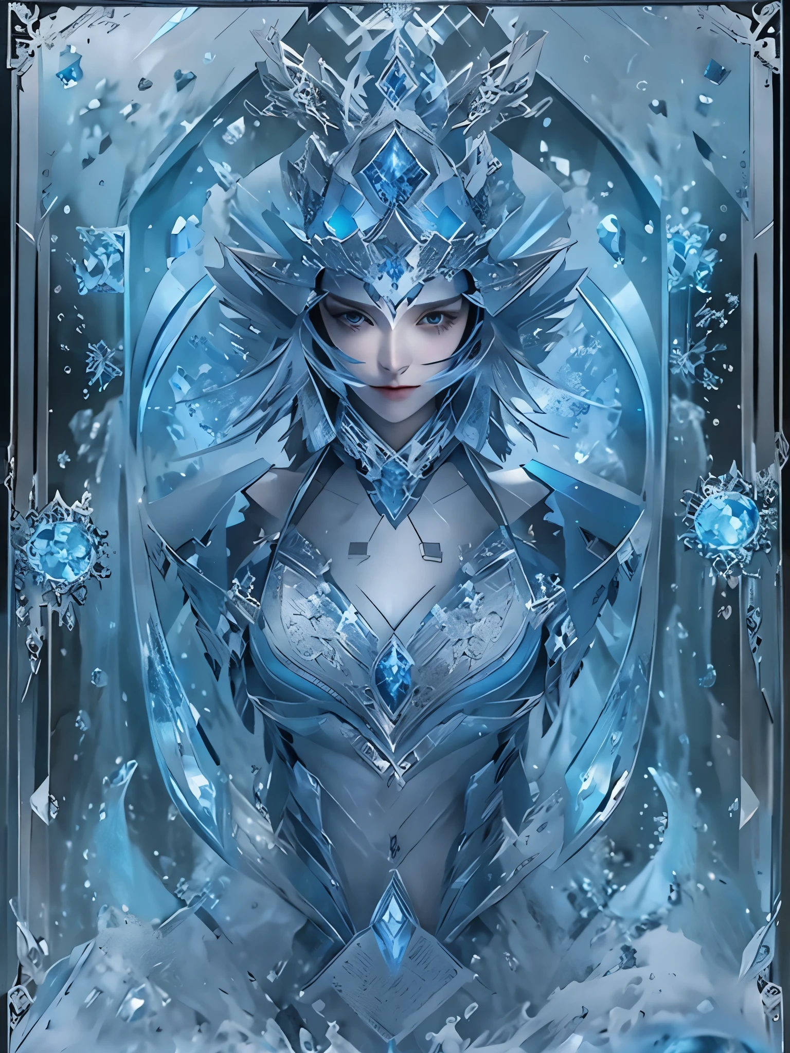 (Game King Card:1.5, rotational symmetry),Stephen Gammell,(cowboy shot),minimalist compositions,ocean waves,Female magician,Exquisite crystal headdress, exquisite crystal armor,Electroluminescent Wire,Dreamy Glow,conceptual digital art, Azure blue and gray,(Very detailed, reasonable design, Clear lines, High sharpness,best quality, masterpiece, 4K )