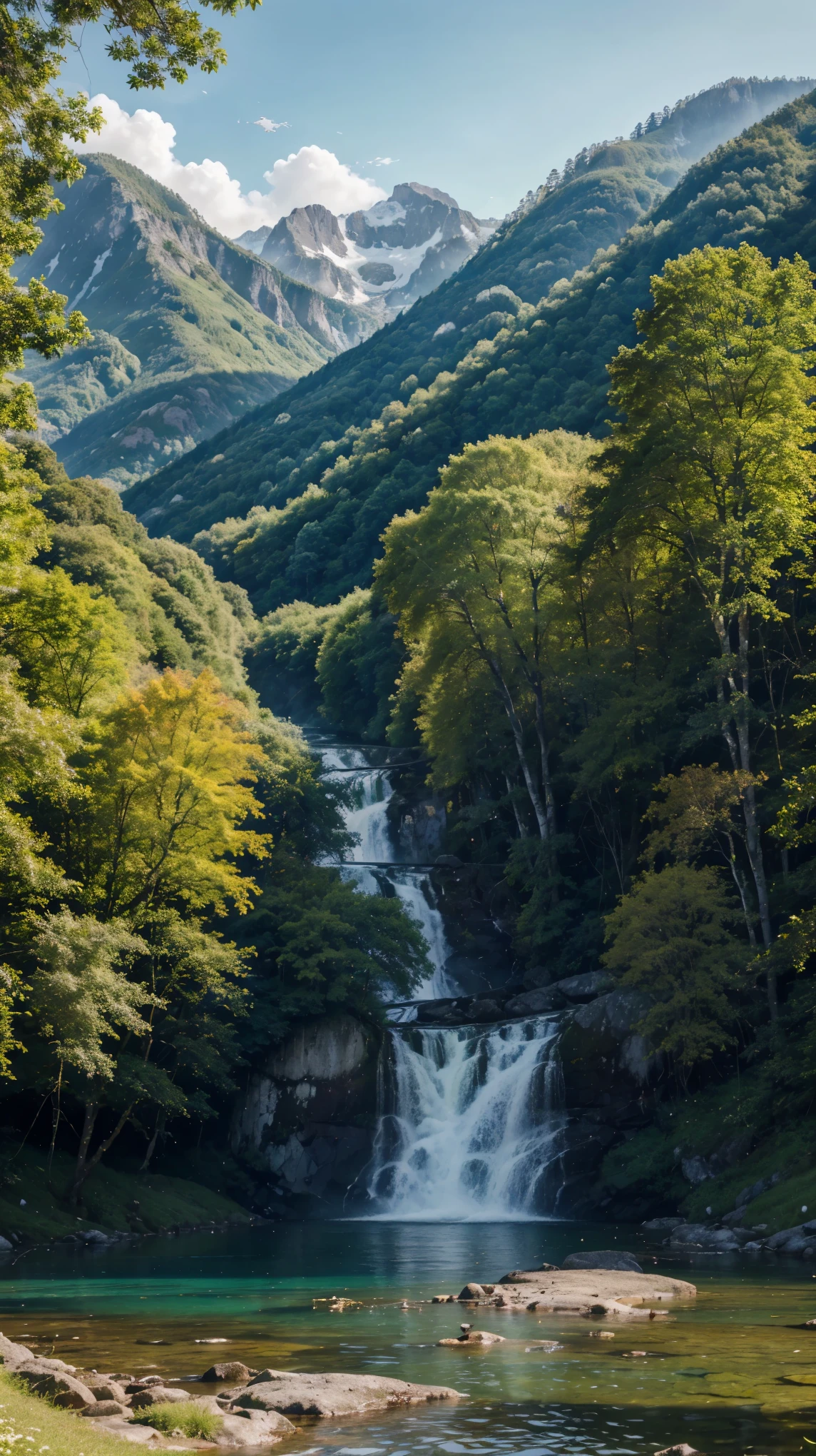 best quality,4k,8k,highres,masterpiece:1.2,ultra-detailed,realistic:1.37,painting (oil,watercolor,acrylic),vivid colors,sharp focus,physically-based rendering,lush greenery,sunlit meadows,breathtaking mountains,serene lakes and rivers,fluffy clouds,glorious sunrise,splendid sunset,colorful flowers,birds flying freely,running streams,tranquil waterfall,majestic trees and forests,cascading foliage,reflections on the water,lively wildlife amid nature's beauty,peaceful atmosphere,fresh air and clean environment,surrounded by mountains,dreamlike aura,evoking a sense of calm and serenity
