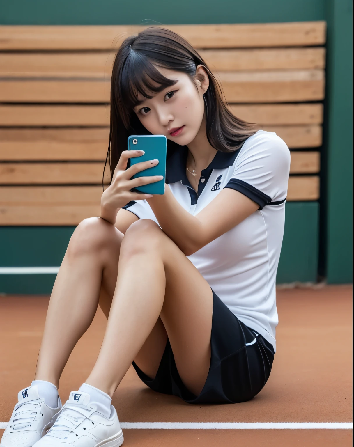 ((realistic lighting, highest quality, 8K, masterpiece, medium shot: 1.3)), clear focus: 1.2, 1 girl, perfect figure: 1.4, plump bust,((black hair)),((long hair that reaches down to the chest)),((With bangs)),(tennis wear: 1.4), inside the indoor changing room, locker in the background,sitting on the floor,White panties are visible,Moderately thin calves,exposed thighs,white ankle-length socks,white sneakers,super fine face, fine eyes, double eyelid,(white pleated mini skirt), (white polo shirt),Taking a selfie with a black smartphone in his right hand,Your face is hidden by your smartphone