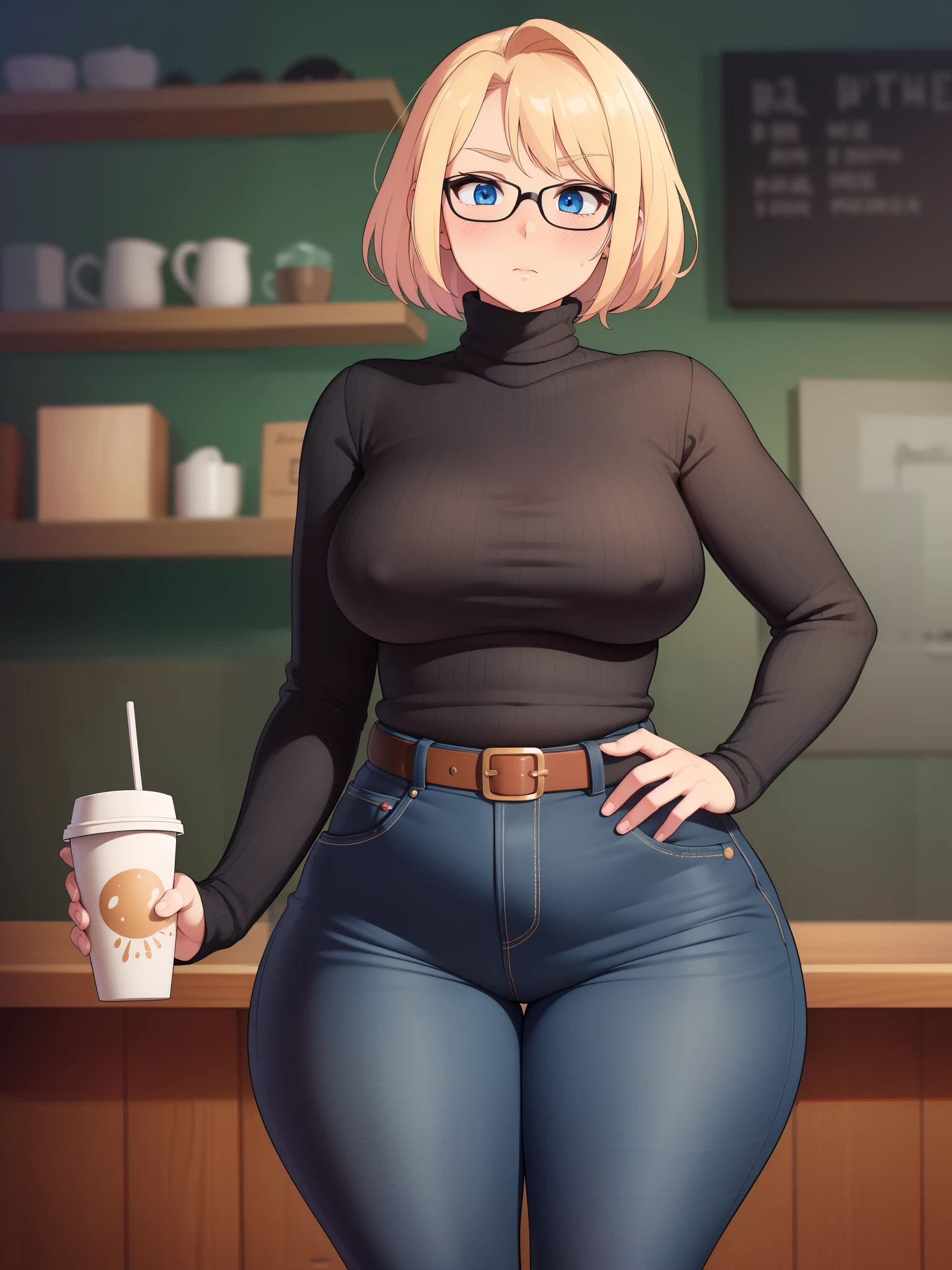 ((Masterpiece)), perfect anatomy, perfect shading, field of depth, (best quality), extremely delicate and beautiful, perfect lighting, detailed face, ultra cute face, cute, (cowboy shot 1.2), full body, (((1girl))), ((solo)), looking at viewer,
short hair, fluffy hair, blonde hair, blue eyes, Glasses, ((blush)), shy, nervous, embarrassed, (black turtleneck sweater 1.5), (jeans 1.2), belt, extremely tight clothes, medium breasts, ((wide hips)), ((thick thighs)), ((chubby)),
coffee shop, intricate background, detailed background, hand on hip, holding coffee cup,