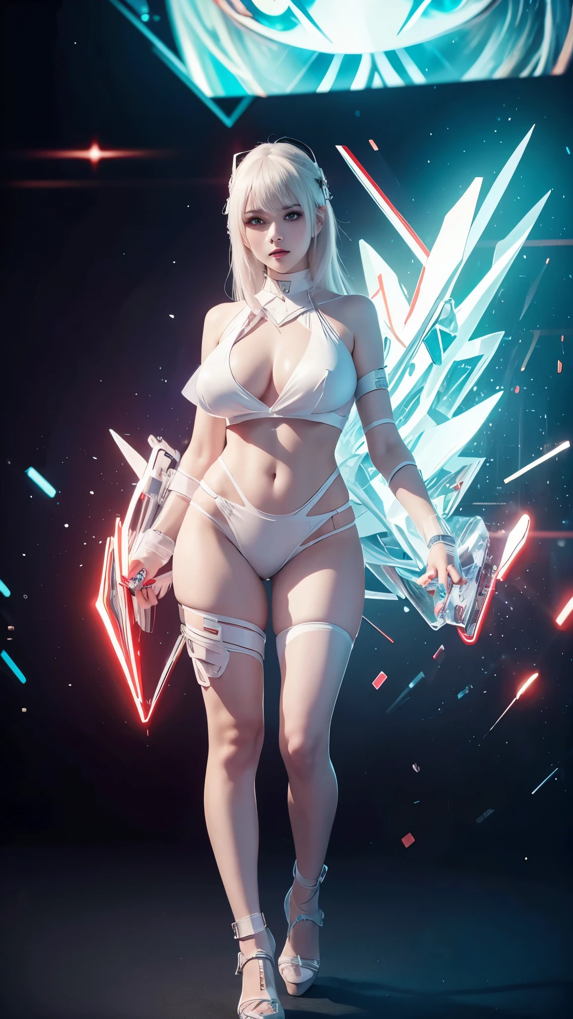 8K uhd, materpiece, a beautiful girl, detaild eye, good face, detaild eyebrow, cyberpunk outfit, white outfit, cyberpunk, Cyberspace, cyberpunk shining background, neon effect, Spreading lighting, red lighting, whole body capture,full body,big tits ,big tits