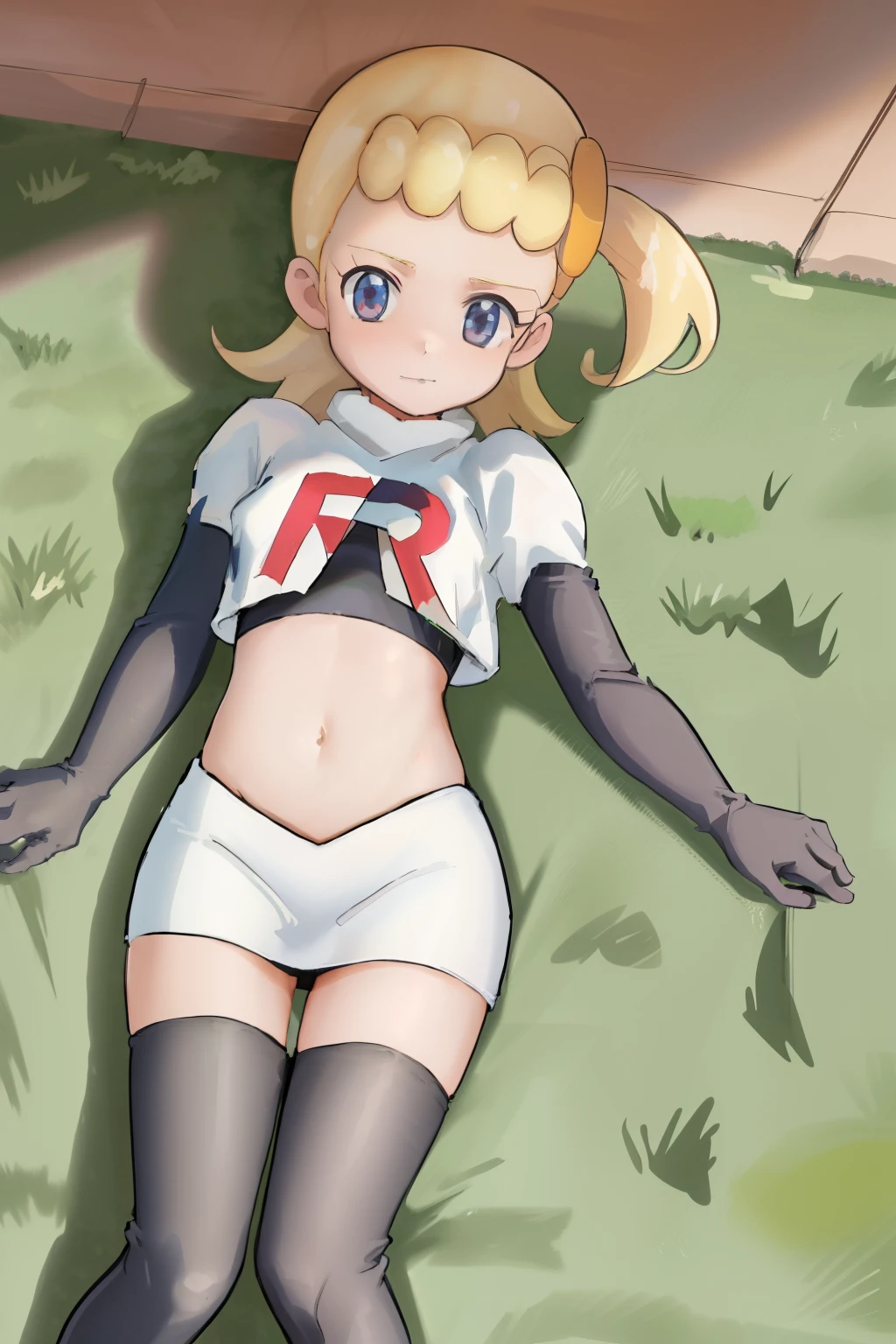 8k, anime screencap,1girl in, (Solo:1.2), (Perfect body:1.1), (Best Quality:1.1),team rocket,team rocket uniform,red letter R, white skirt,crop top, black thigh-highs,black elbow gloves,, ooking at viewer, Bonnie