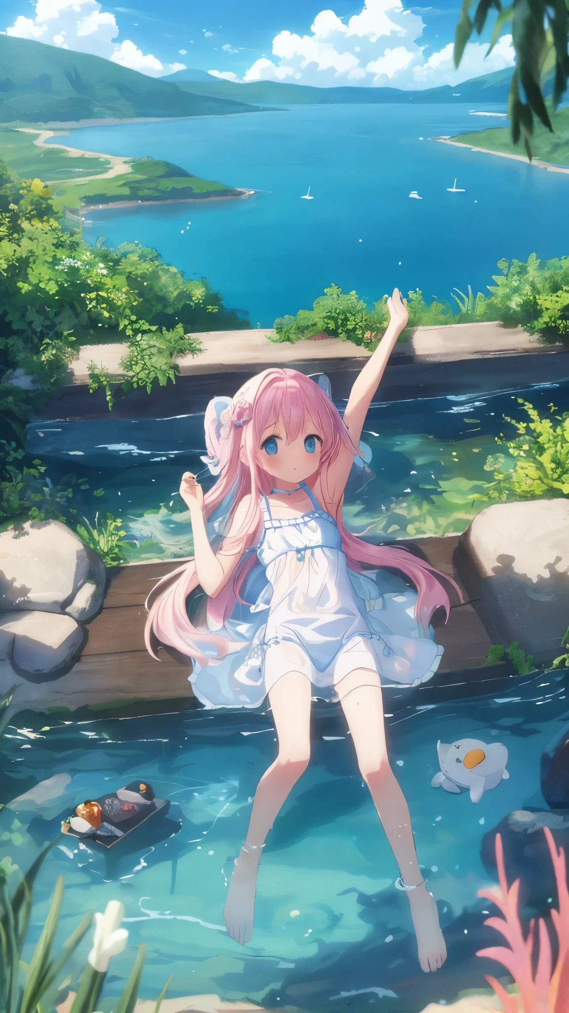 highest quality、masterpiece、High resolution、very detailed、with a girl、cute、anime、clear white skin、Functional、full body esbian、、、(Hair color is shiny light pink)、A girl lies on her back in the middle of a beautiful deep sea with a view of the horizon, floating on the surface of the water.、under the midsummer sun、cuteピンクの水着、Your hair, face and body are soaking wet、spread your arms and legs、relax、There is nothing around except the sea