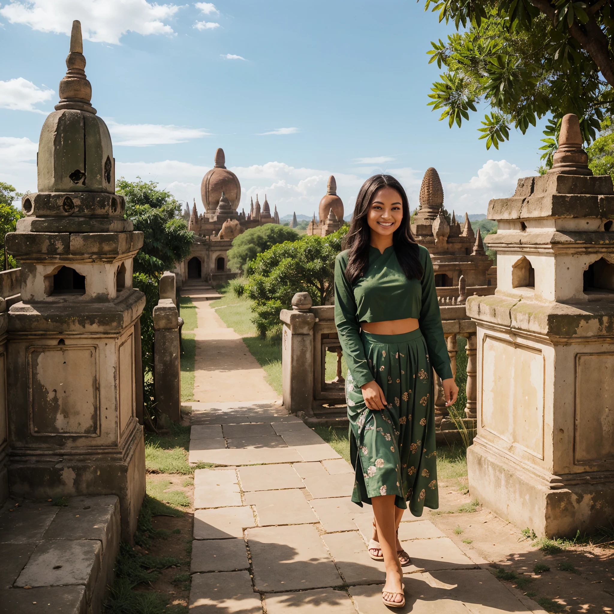 a beautiful girl with cute dimples, smiling, wearing
burmese dress, walking in Bagan's street,
ACMM LS OUTFIT, WEARING ACMM TOP OLIVE
GREEN ACMM TOP; LONG SLEEVES, WEARING
ACMM LONG SKIRT, OLIVE GREEN ACMM LONG
SKIRT, PRINTED SKIRT
OUTDOORS, SCENERY, TRADITIONAL MEDIA,
SKY, DAY, PHOTO BACKGROUND, REAL WORLD
LOCATION, ARCHITECTURE, NATURE, RUINS
LANDSCAPE, BAGAN ANCIENT PAGODA
BACKGROUND