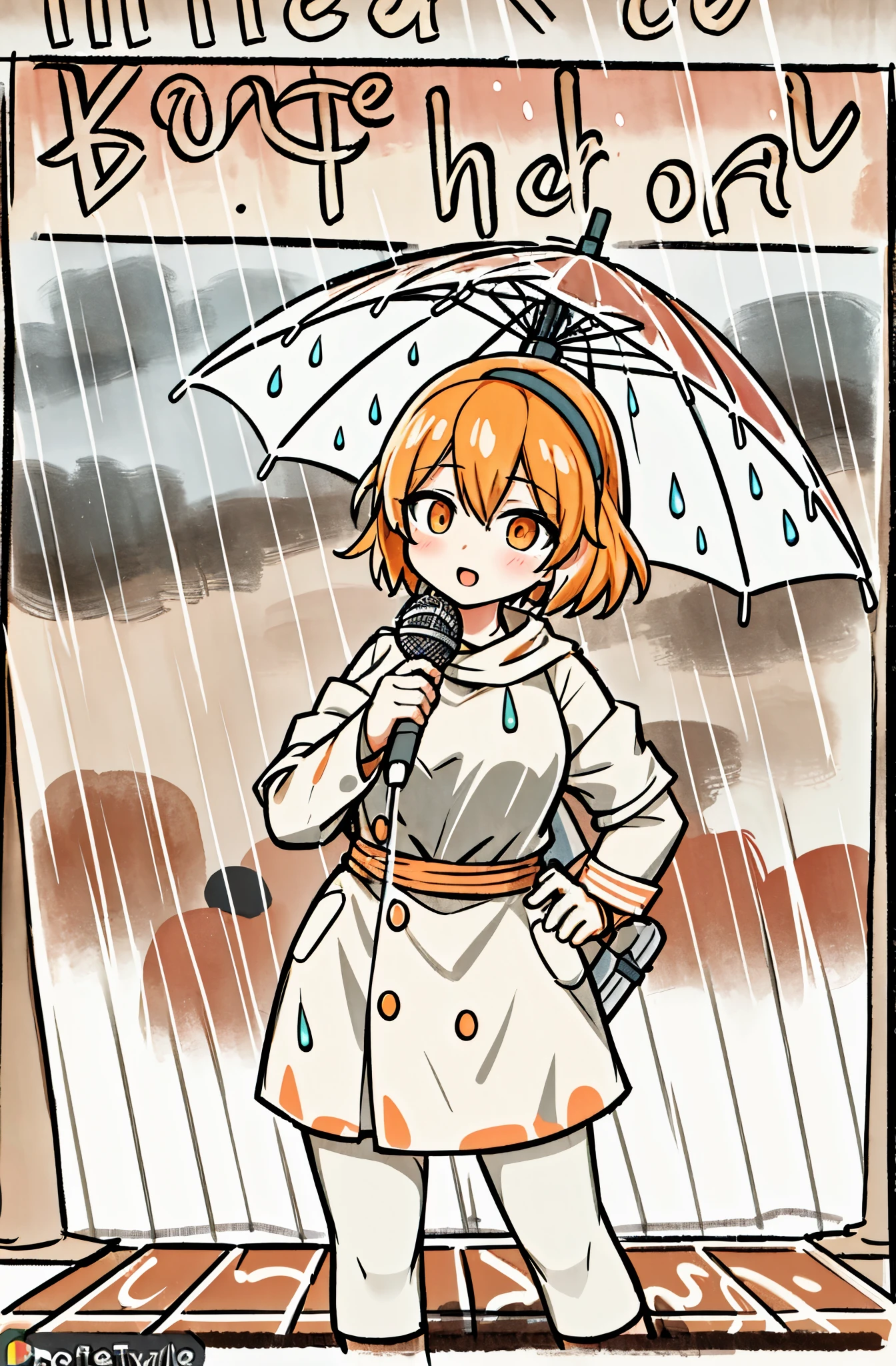 orange palette, reporter, reporter on rain, weather girl, weather reporter, microphone, rainning, by bestiary_style, masterpiece, best quality, text, watermark, solo,