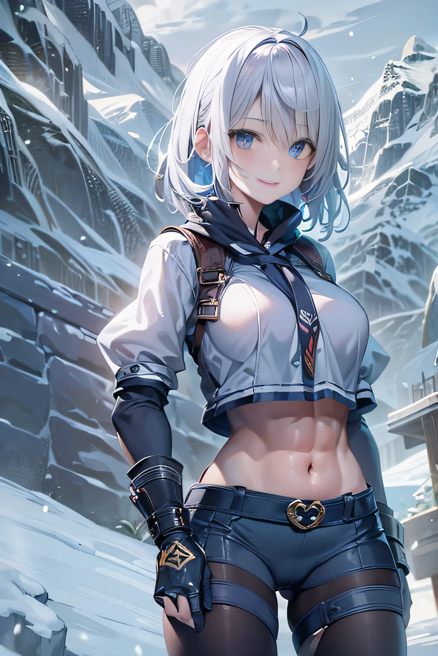 (photorealistic:1.3, highest quality:1.3,8Kmasterpiece:1.4, masterpiece:1.3,High resolution,muste piece:1.2),snow mountainに立つ1人の23歳の女性,cyber punk,(navy blue flare skirt、navy blue battle uniform、choker、knee high socks), detailed eyes:1.7,double eyelid:1.6,detailed eyes:1.8,beautiful skin:1.8, (looking at the camera:1.2),(Photo seen from below:1.3),(Medium Hair:1.2,bright platinum hair:1.5), expression(Impish Smile:1.3,blushing:1.3),(Moderate chest:1.3),Pause(Seductive pose:1.5),background(snow scene:1.5,snow mountain:1.3,Ski resort),(slender, abs:1.2),(Underwear visible through clothing),(Butt visible through clothes),(detailed perfect face),normal hands:1.5,normal finger:1:5,normal feet:1.5,(cameltoe)