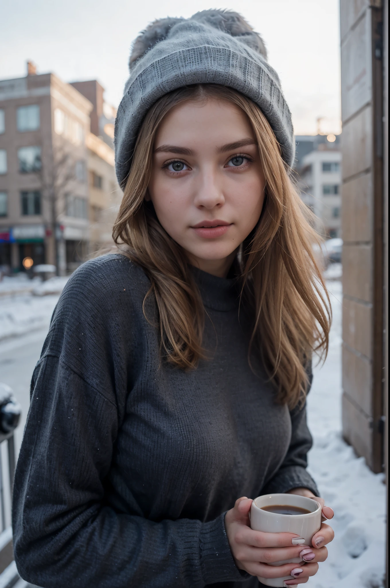 Extremely realistic blonde Russian girl with blonde hair and grey eyes, wearing a blue jumper, blue winter hat, entire body, looking at the camera beautiful succubus, grey eyes, (derevschikova: 1.4), beautiful alluring , perfect nose, ultra beautiful, with her long, perfect beautiful, realistic , epic beautiful, 8k, fuji xt3, not cropped, premium wide open city ” large dd cup breasts