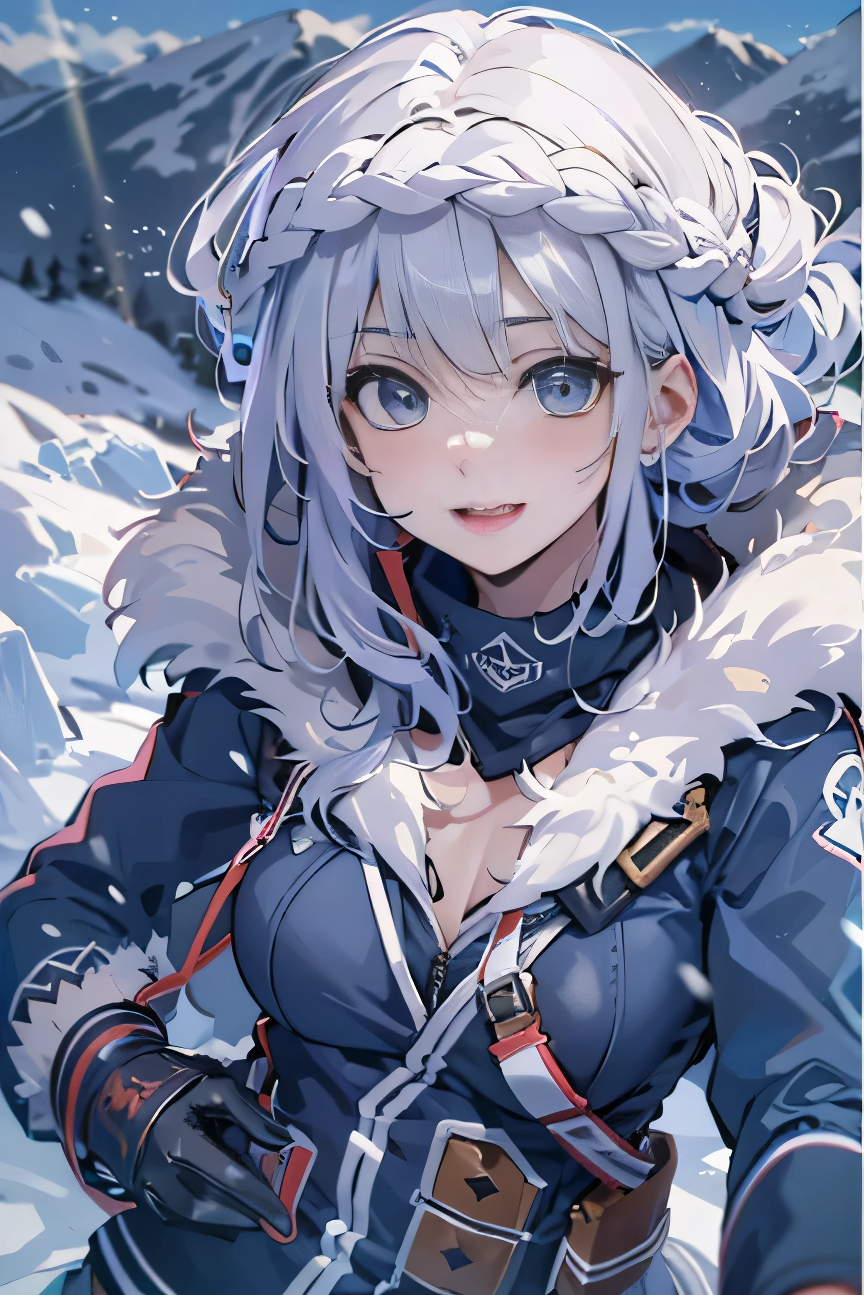 (photorealistic:1.3, highest quality:1.3,8Kmasterpiece:1.4, masterpiece:1.3,High resolution,muste piece:1.2),snow mountainに立つ1人の23歳の女性,cyber punk,(navy blue flare skirt、navy blue battle uniform、choker、knee high socks), detailed eyes:1.7,double eyelid:1.6,detailed eyes:1.8,beautiful skin:1.8, (looking at the camera:1.2),(Photo seen from below:1.3),(Medium Hair:1.2,bright platinum hair:1.5), expression(Impish Smile:1.3,blushing:1.3),(Moderate chest:1.3),Pause(Seductive pose:1.5),background(snow scene:1.5,snow mountain:1.3,Ski resort),(slender, abs:1.2),(Underwear visible through clothing),(Butt visible through clothes),(detailed perfect face),normal hands:1.5,normal finger:1:5,normal feet:1.5,(cameltoe)