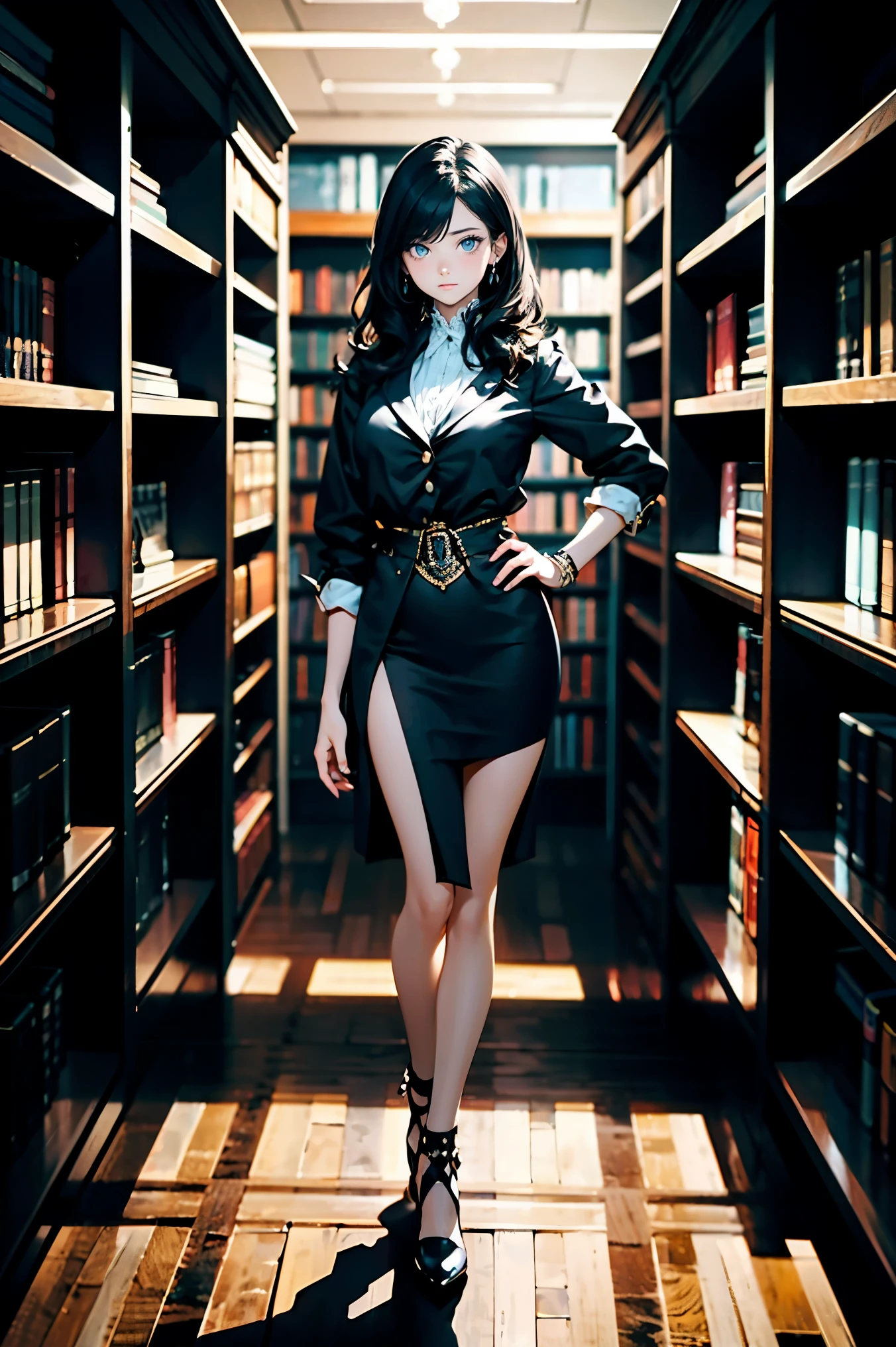 one beautiful girl,detailed beautiful hair,detailed beautiful eyes, black hair, standing, full body, hand on hip, dramatic lighting, Rembrandt lighting, library, bookshelves