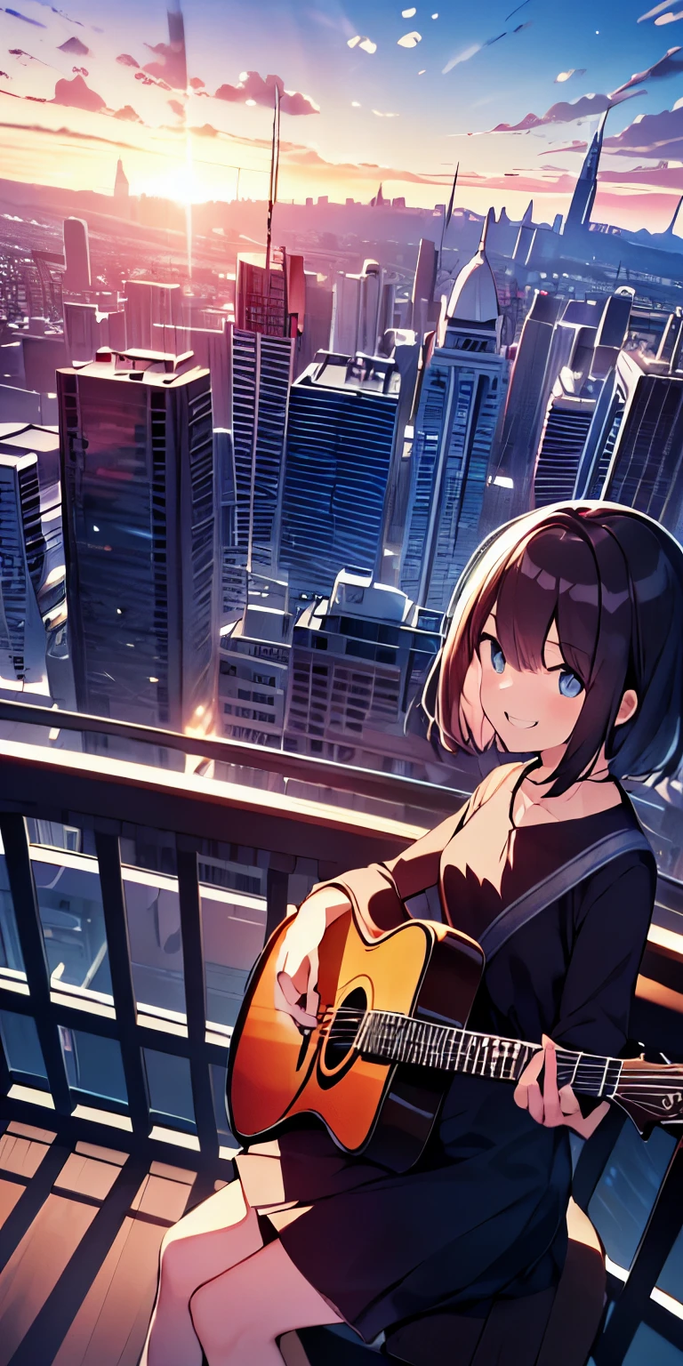 table top, highest quality,figure, wallpaper, ultra detail, absurd, 16 year old girl, alone, (medium short hair、play the guitar、smile、Overlooking the city from the top of the hill、the sunset is beautiful